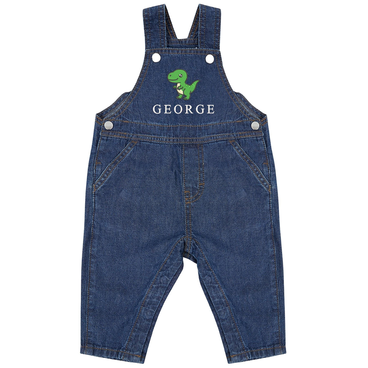 Embroidered T-Rex Dinosaur Personalised Name Baby & Toddler Cotton Denim Dungarees Custom Text Boys Gift