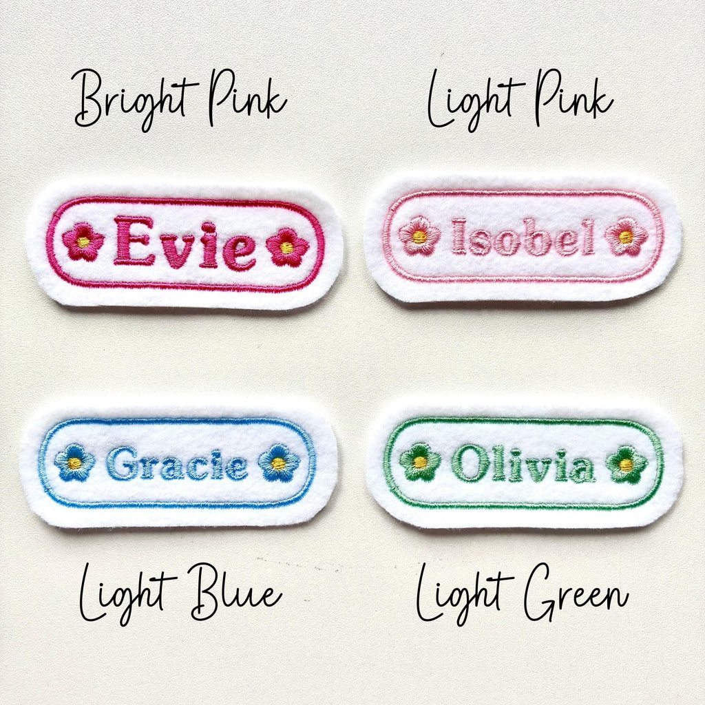 Personalised Embroidered Flower Name Patch Iron On & Sew On Custom Text Badge