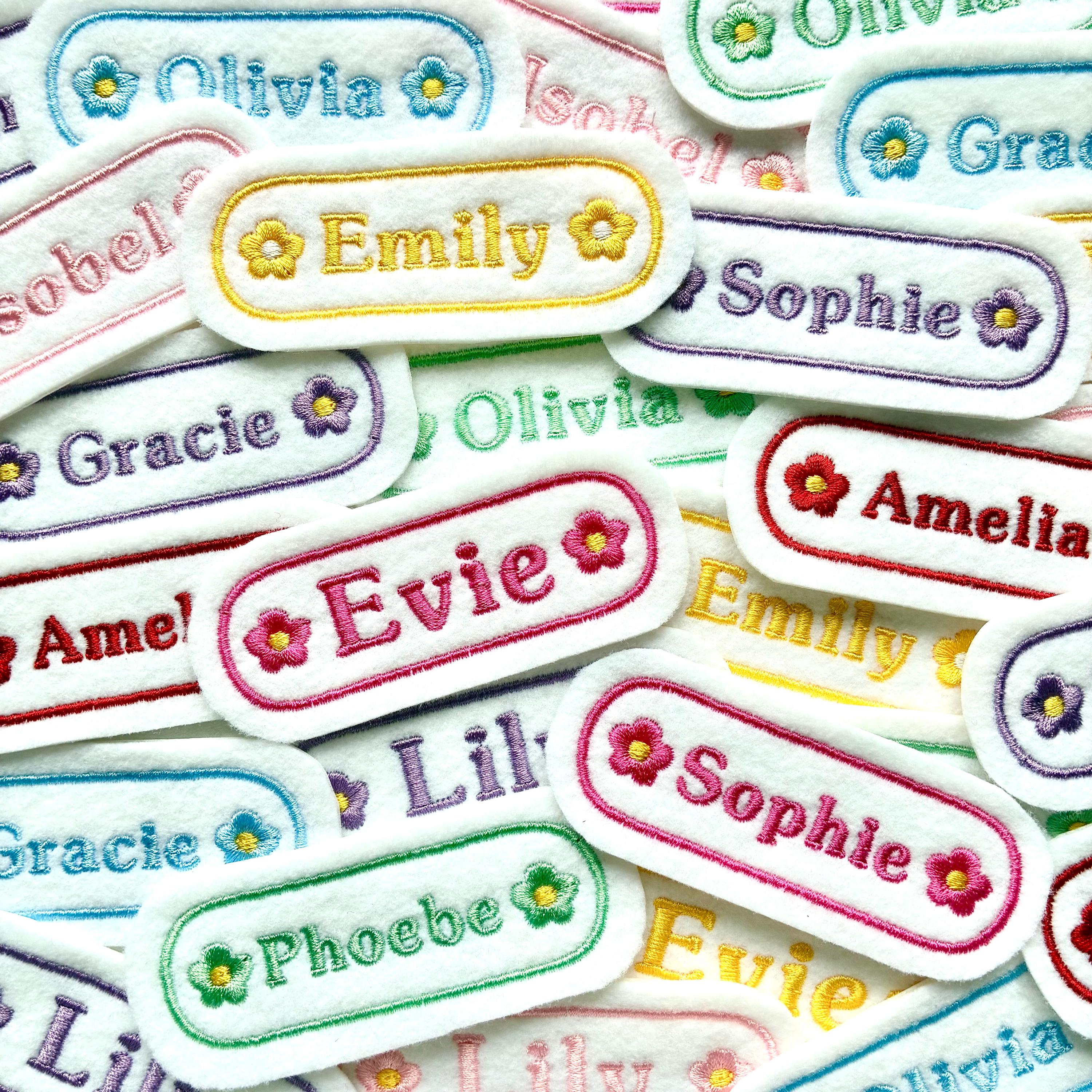 Personalised Embroidered Flower Name Patch Iron On & Sew On Custom Text Badge