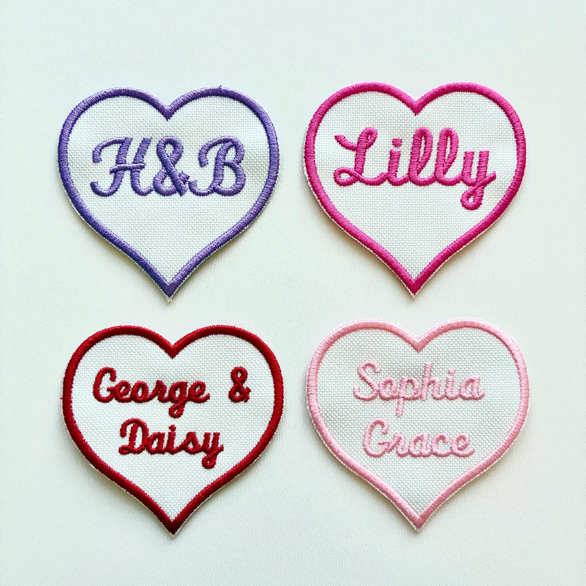 Personalised Embroidered Name Heart Patch Iron On & Sew On Custom Text Badge