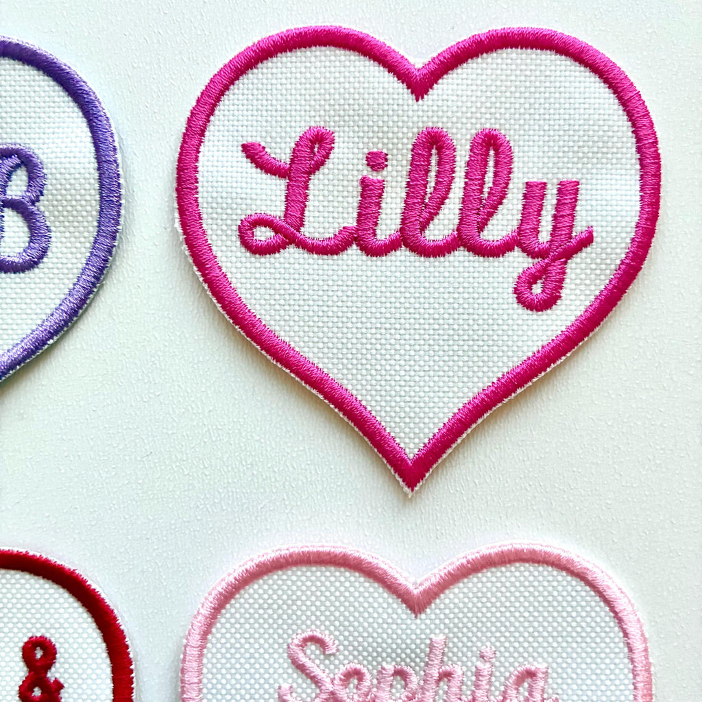 Personalised Embroidered Name Heart Patch Iron On & Sew On Custom Text Badge