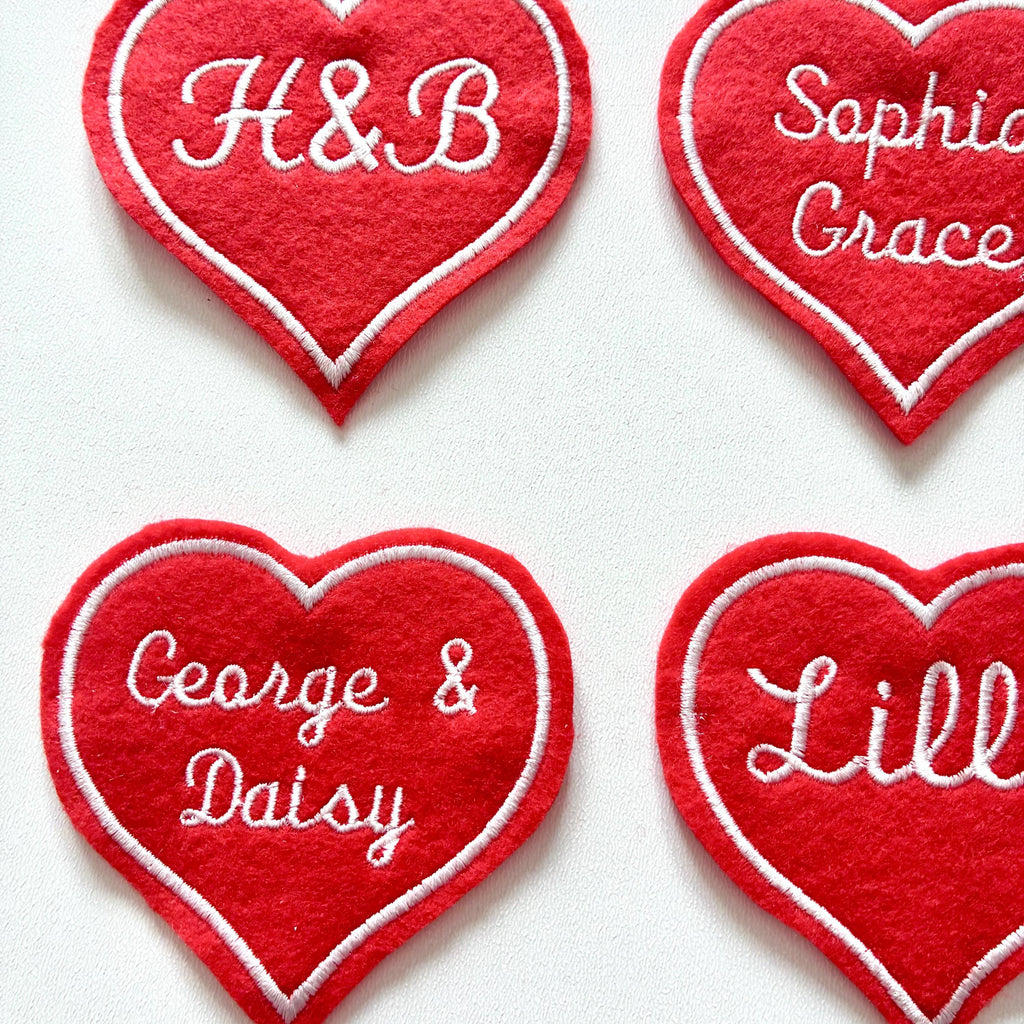 Personalised Embroidered Red Love Heart Patch Iron On & Sew On Custom Name Text
