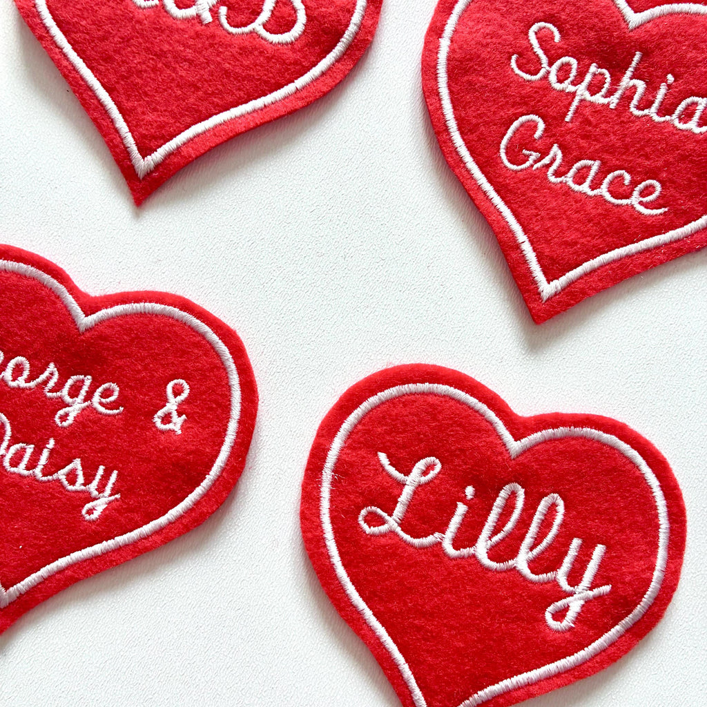 Personalised Embroidered Red Love Heart Patch Iron On & Sew On Custom Name Text