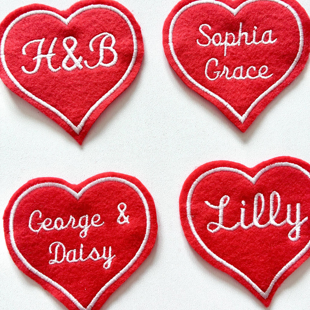 Personalised Embroidered Red Love Heart Patch Iron On & Sew On Custom Name Text