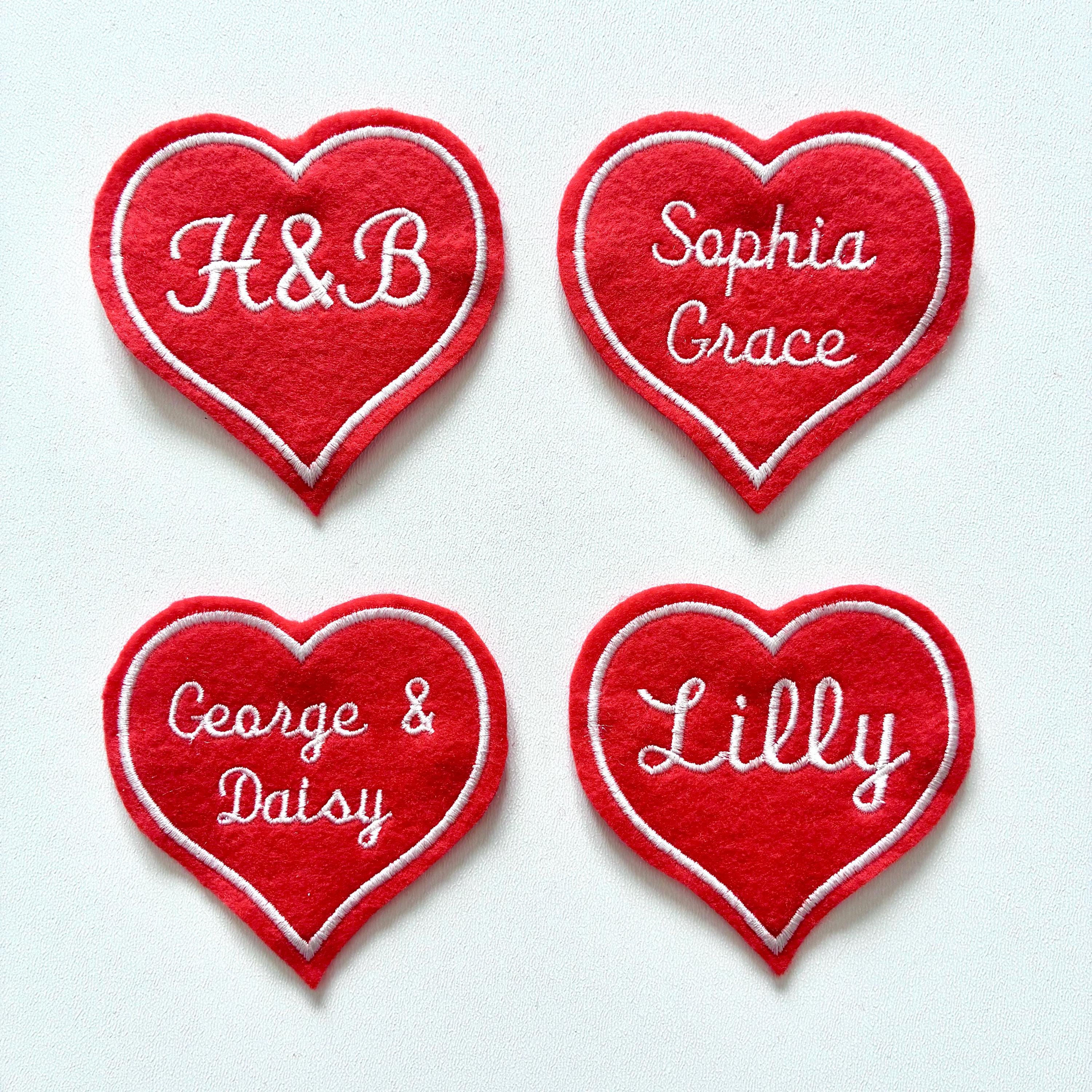 Personalised Embroidered Red Love Heart Patch Iron On & Sew On Custom Name Text
