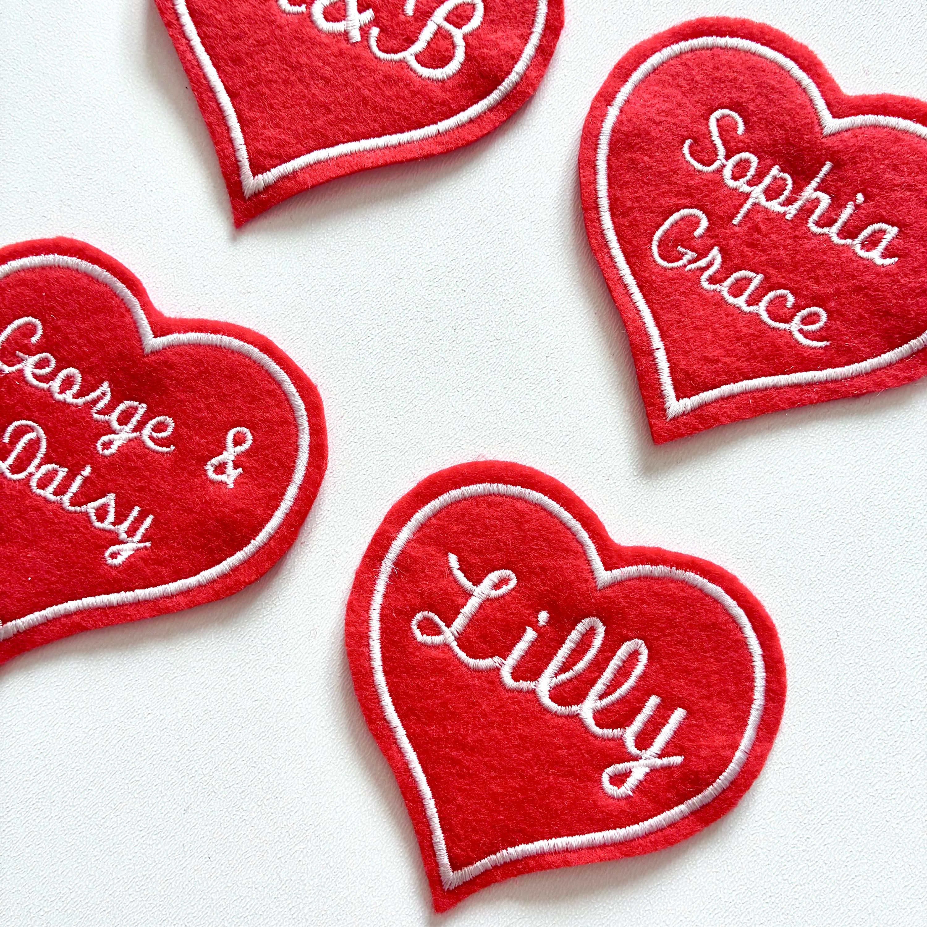 Personalised Embroidered Red Love Heart Patch Iron On & Sew On Custom Name Text