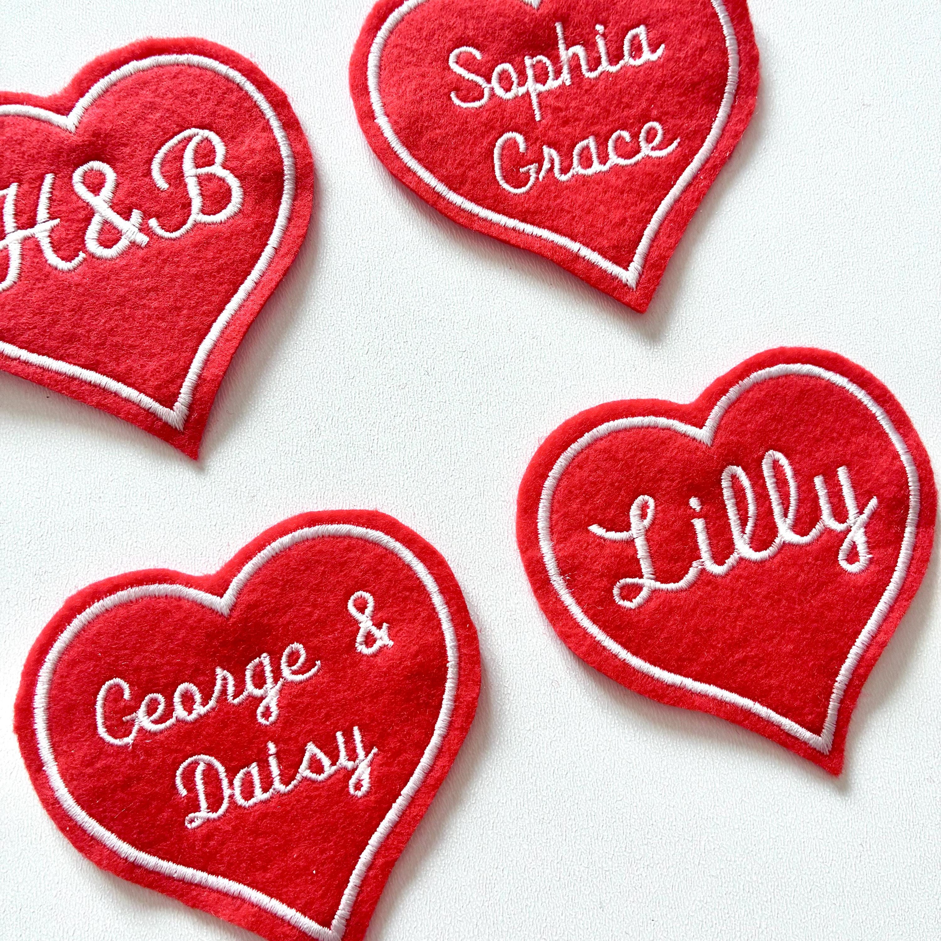 Personalised Embroidered Red Love Heart Patch Iron On & Sew On Custom Name Text