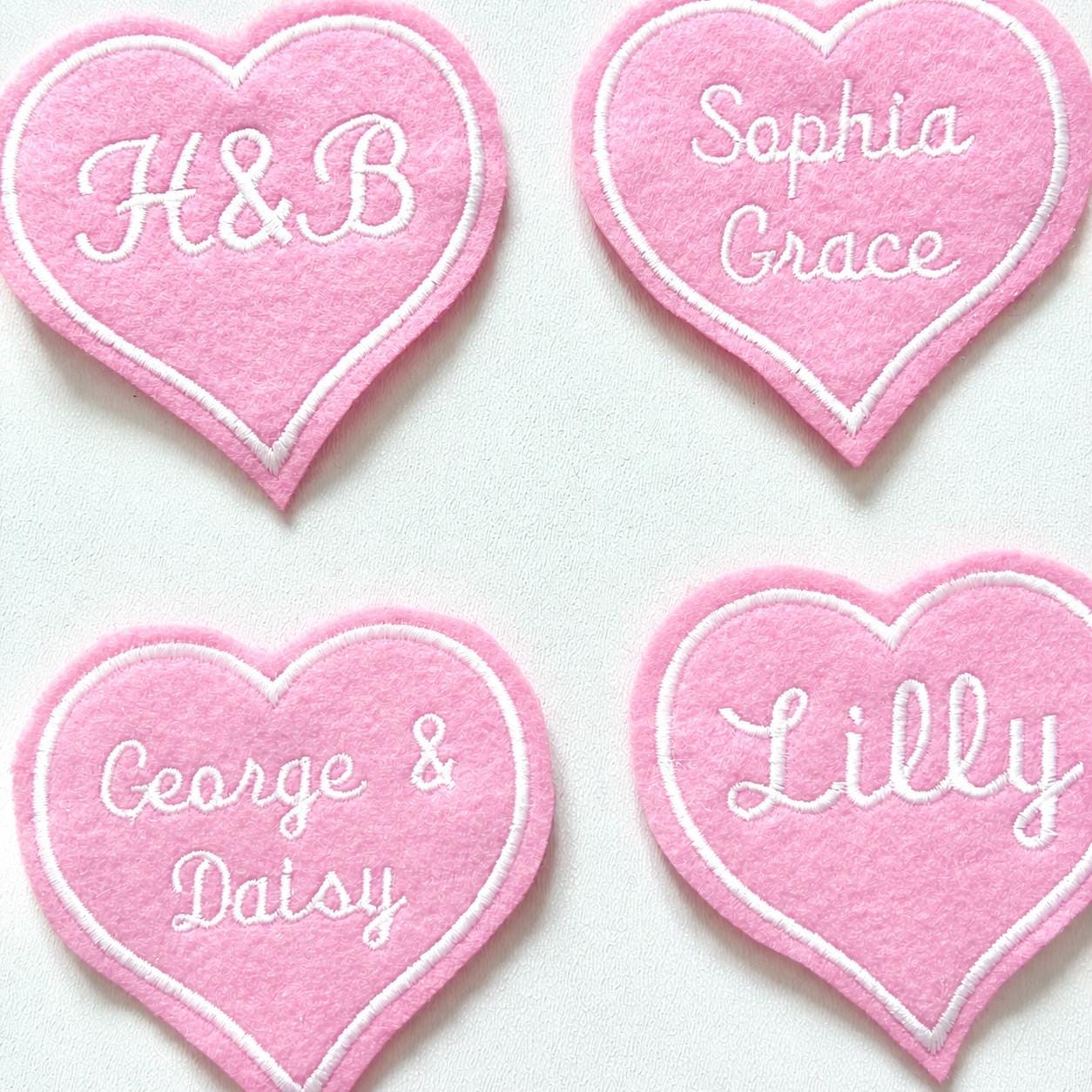 Personalised Embroidered Pink Love Heart Patch Iron On & Sew On Custom Name Text