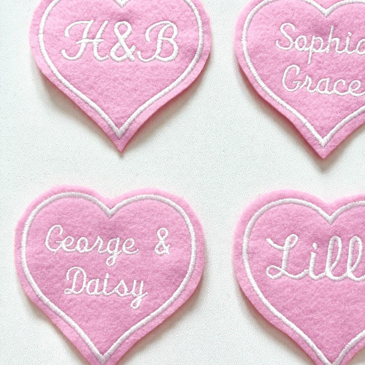 Personalised Embroidered Pink Love Heart Patch Iron On & Sew On Custom Name Text