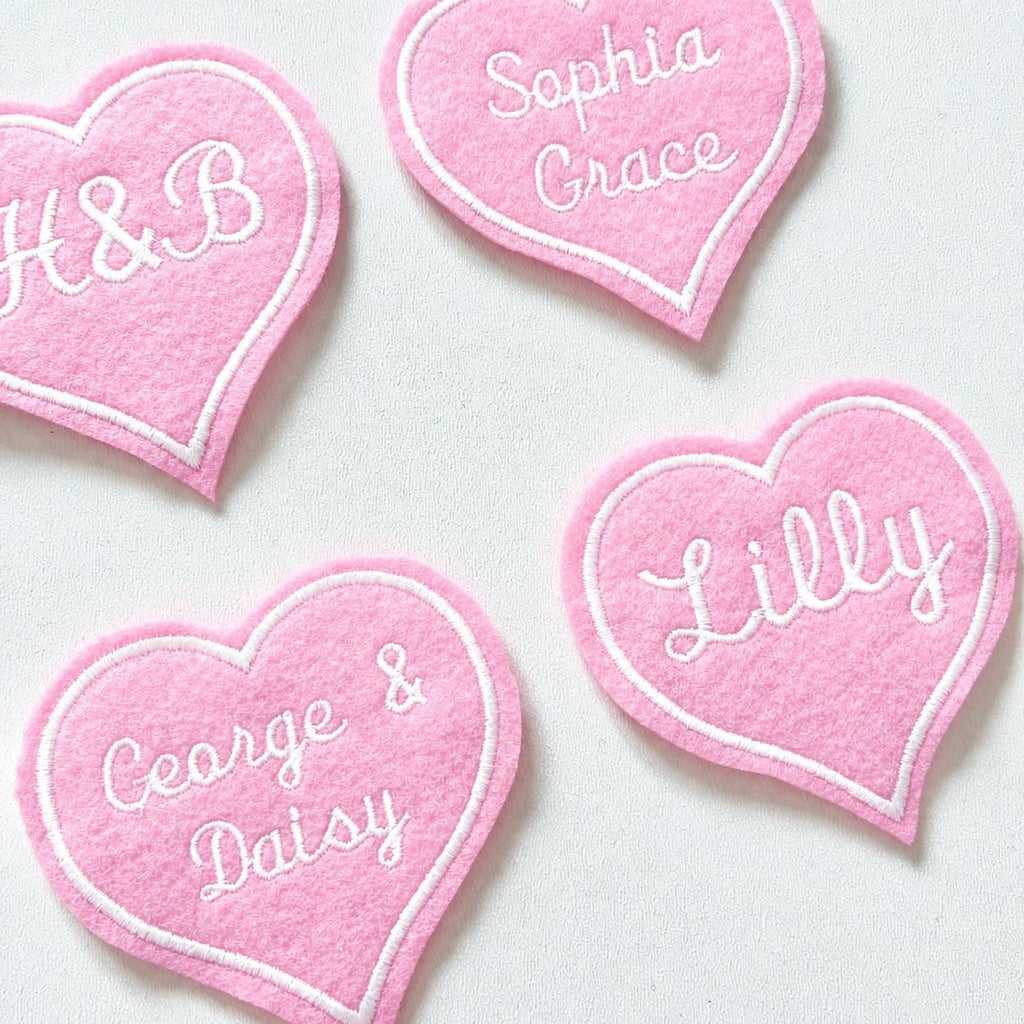 Personalised Embroidered Pink Love Heart Patch Iron On & Sew On Custom Name Text