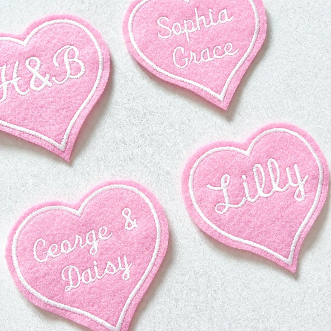 Personalised Embroidered Pink Love Heart Patch Iron On & Sew On Custom Name Text
