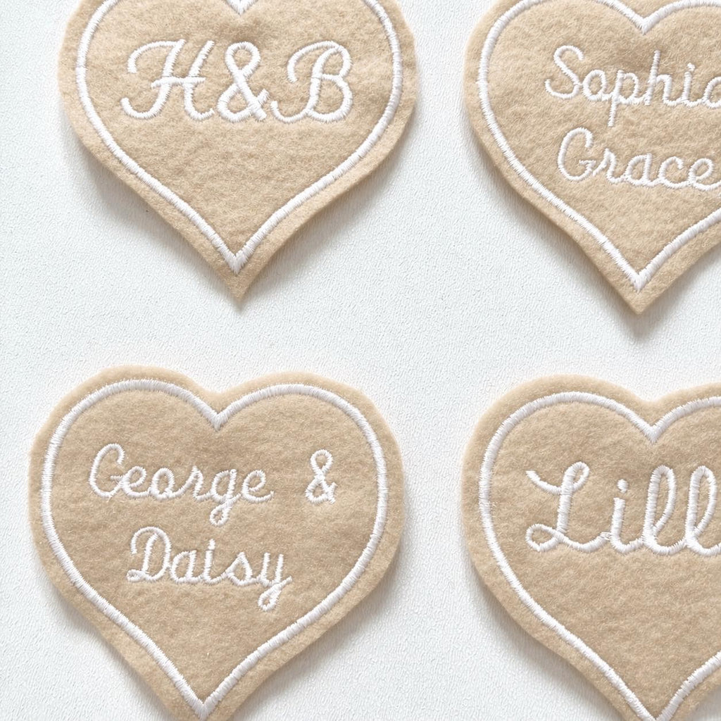 Personalised Embroidered Beige Love Heart Patch Iron On & Sew On Custom Name Text