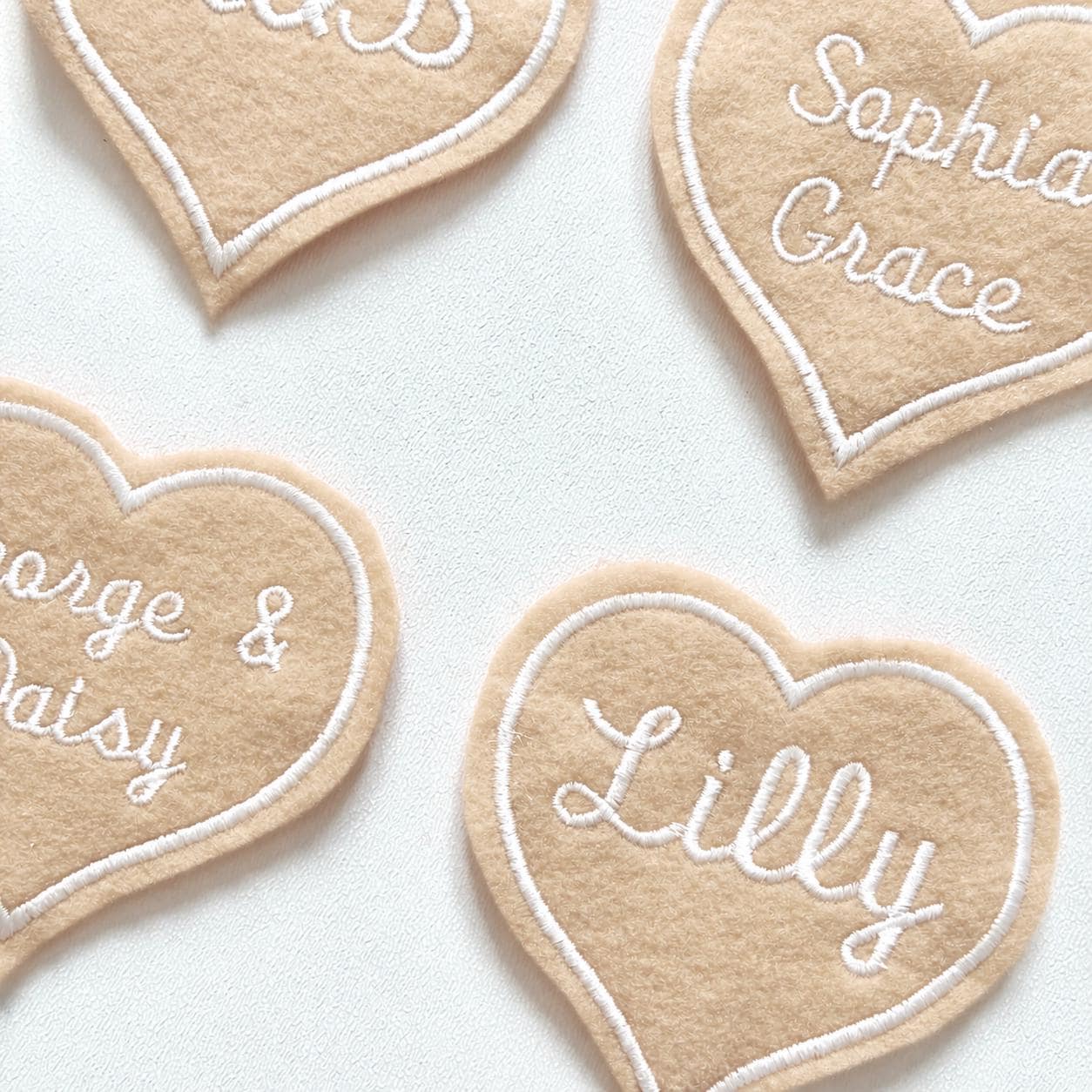 Personalised Embroidered Beige Love Heart Patch Iron On & Sew On Custom Name Text