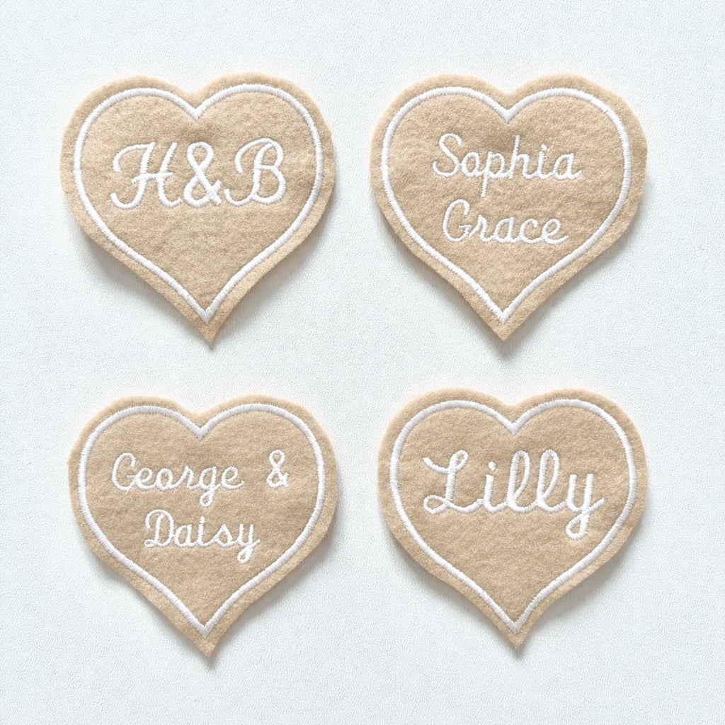 Personalised Embroidered Beige Love Heart Patch Iron On & Sew On Custom Name Text