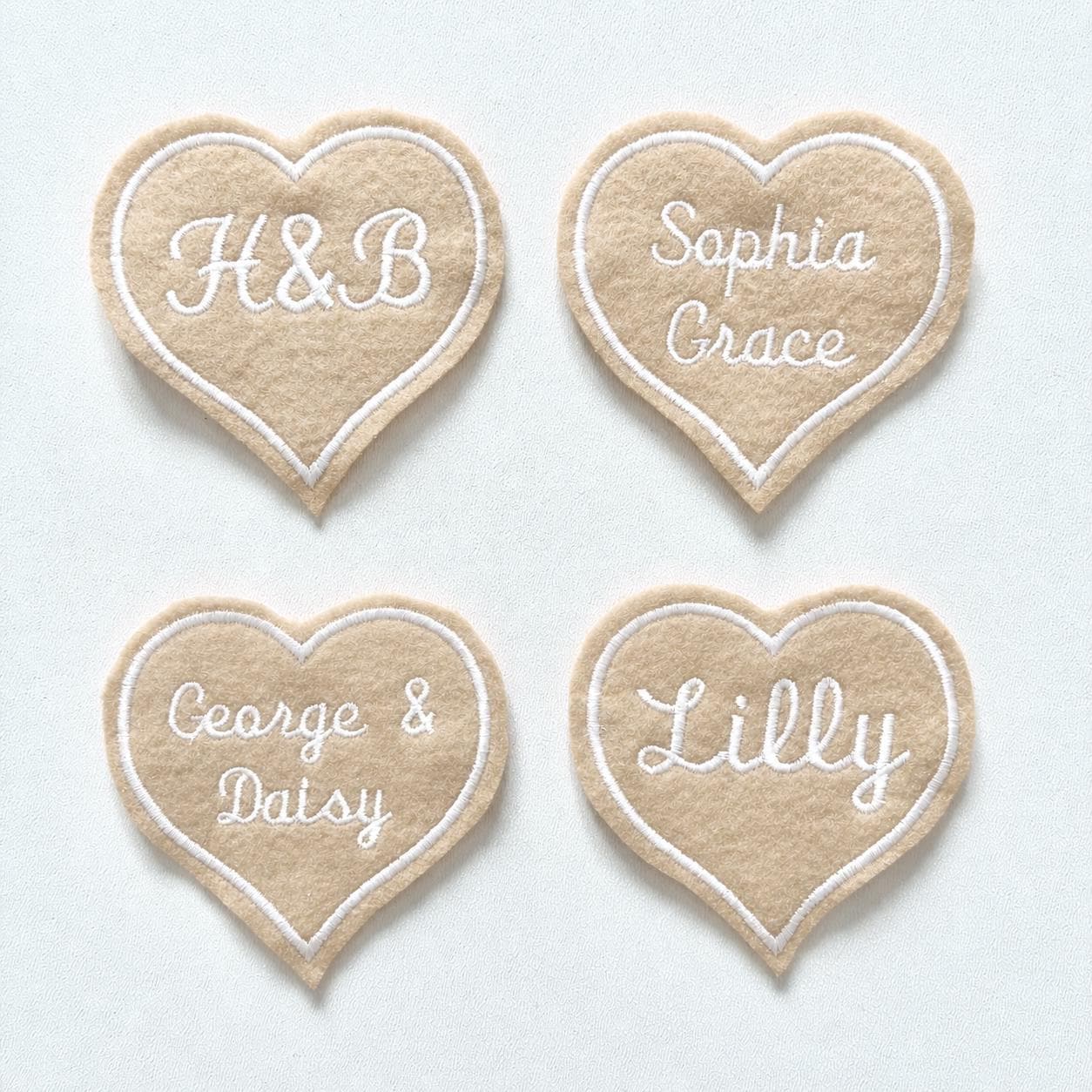 Personalised Embroidered Beige Love Heart Patch Iron On & Sew On Custom Name Text