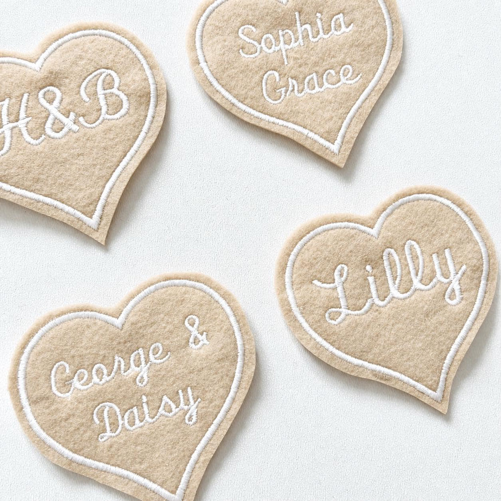 Personalised Embroidered Beige Love Heart Patch Iron On & Sew On Custom Name Text