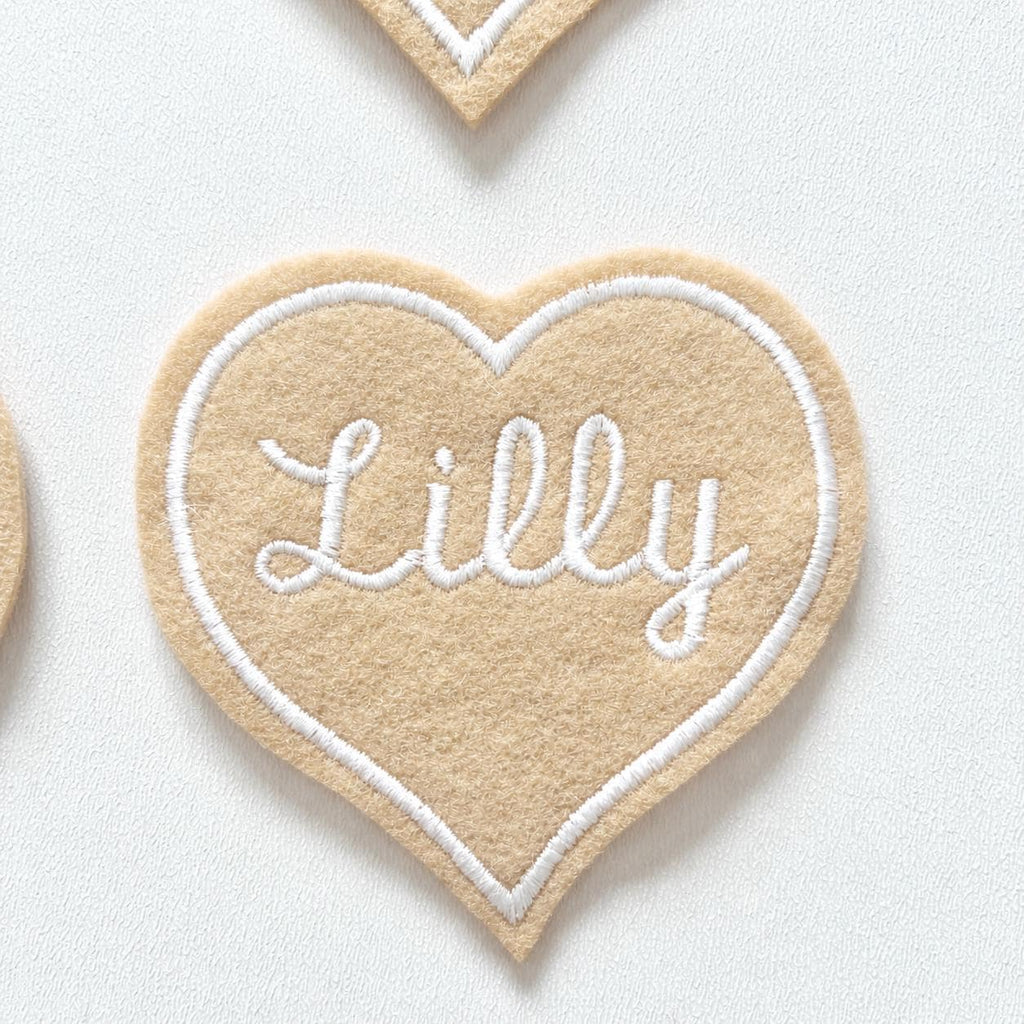 Personalised Embroidered Beige Love Heart Patch Iron On & Sew On Custom Name Text