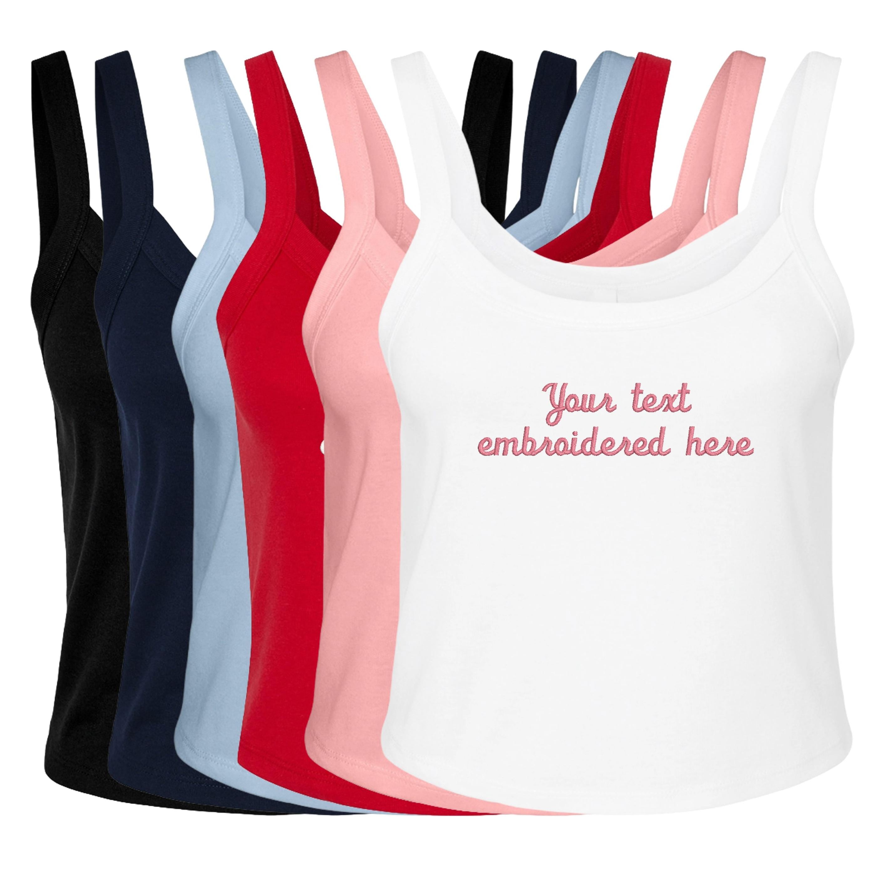 Embroidered Personalised Ladies Spaghetti Strap Tank Top Custom Text Cropped T-Shirt Baby Tee