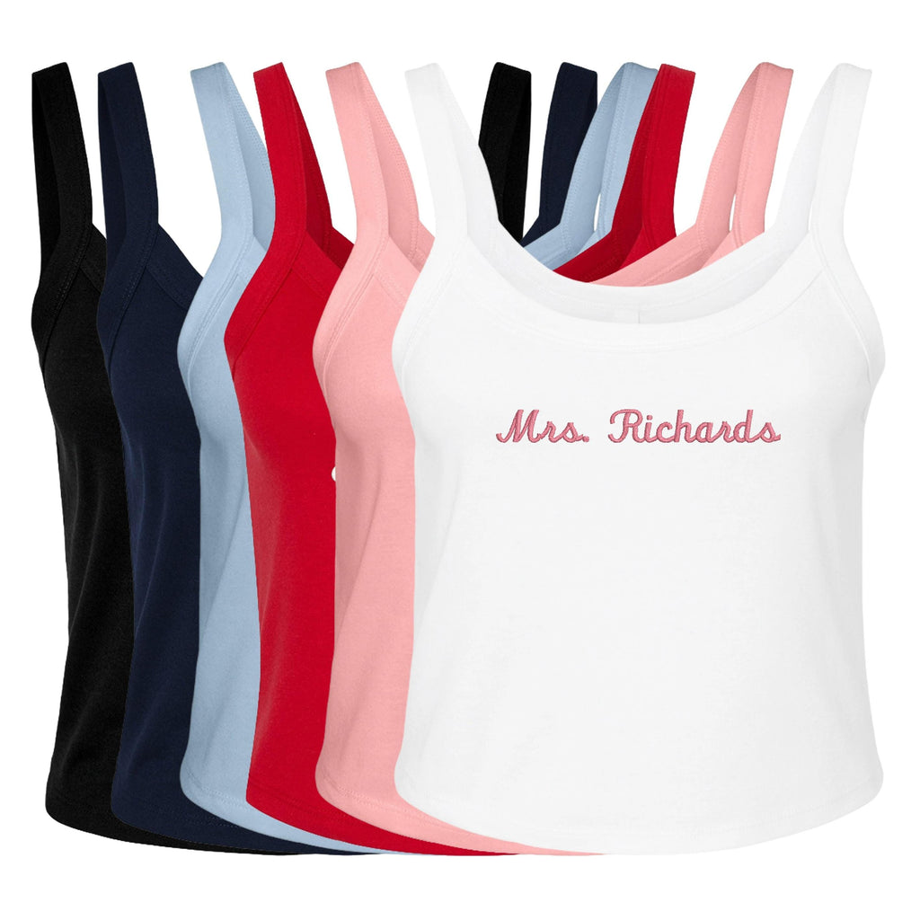Embroidered Personalised Ladies Strap Tank Top Custom Mrs Name Bride To Be Hen Cropped T-Shirt Baby Tee