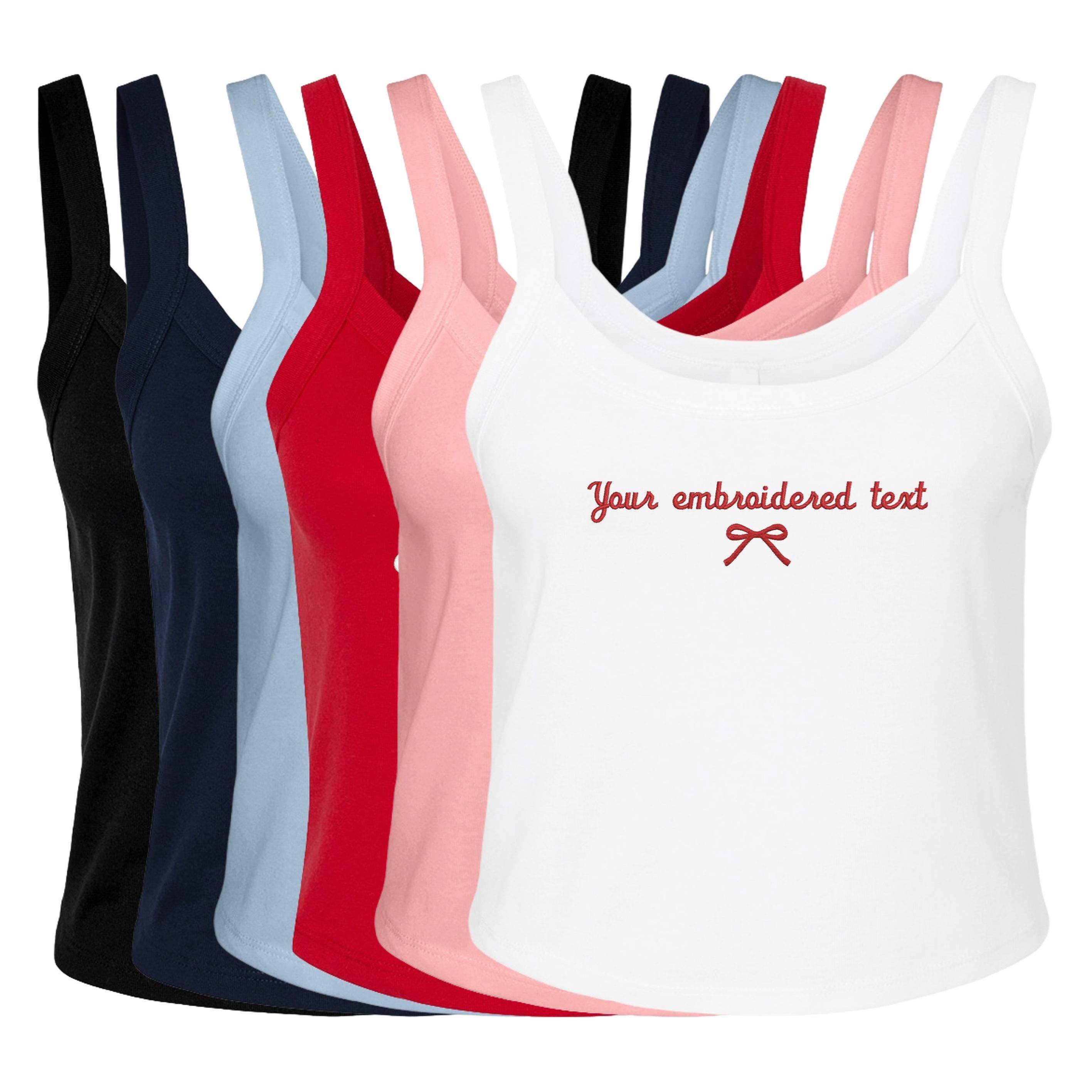 Embroidered Personalised Ladies Spaghetti Strap Tank Top Custom Text Cropped T-Shirt Baby Tee