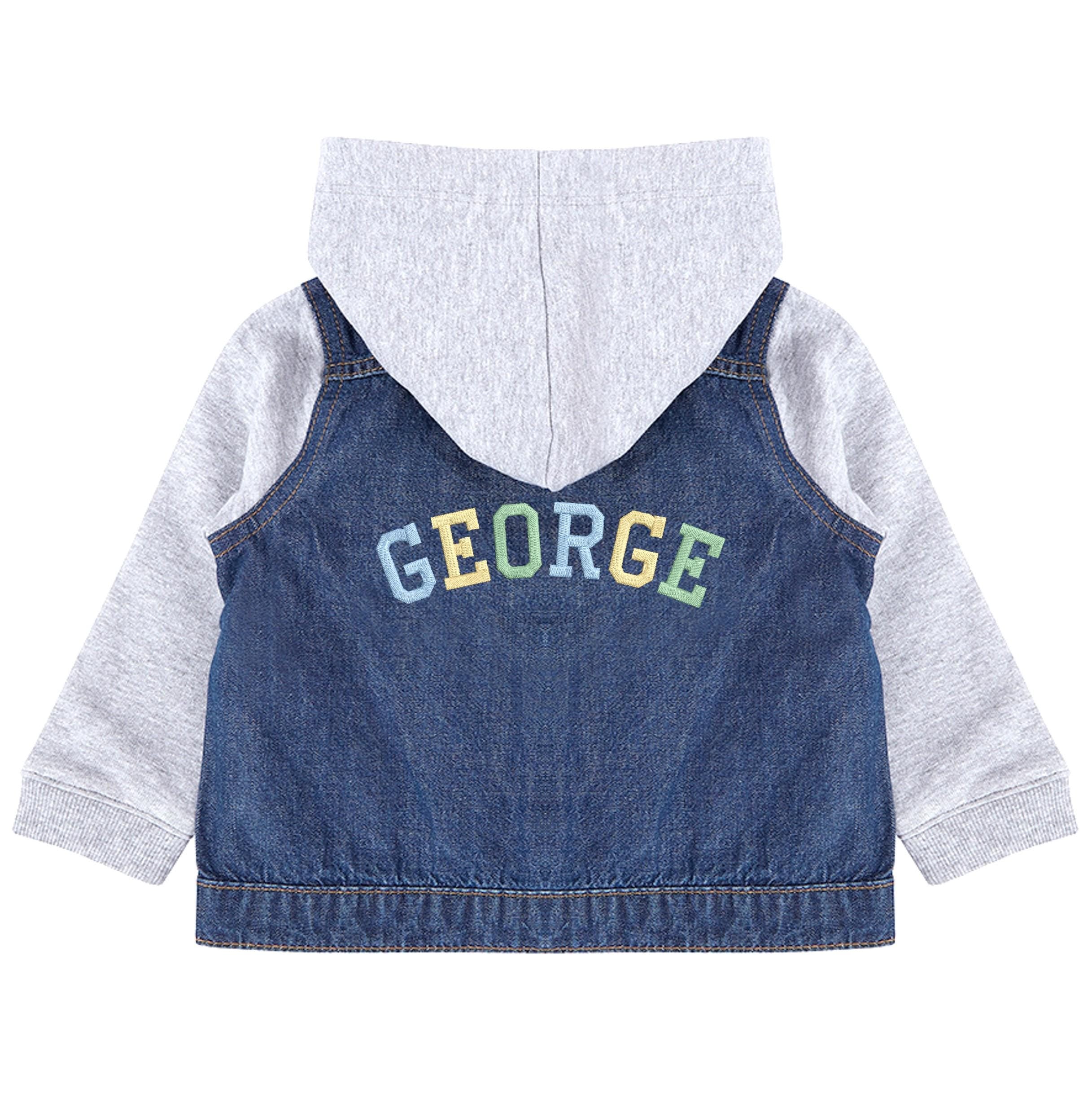 Embroidered Personalised Name Toddler & Kids Denim Jacket Boys Rainbow Varsity