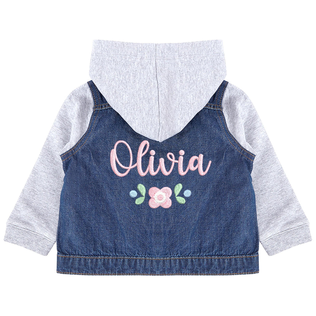 Embroidered Personalised Name Toddler & Kids Denim Jacket Girls Pink Flowers