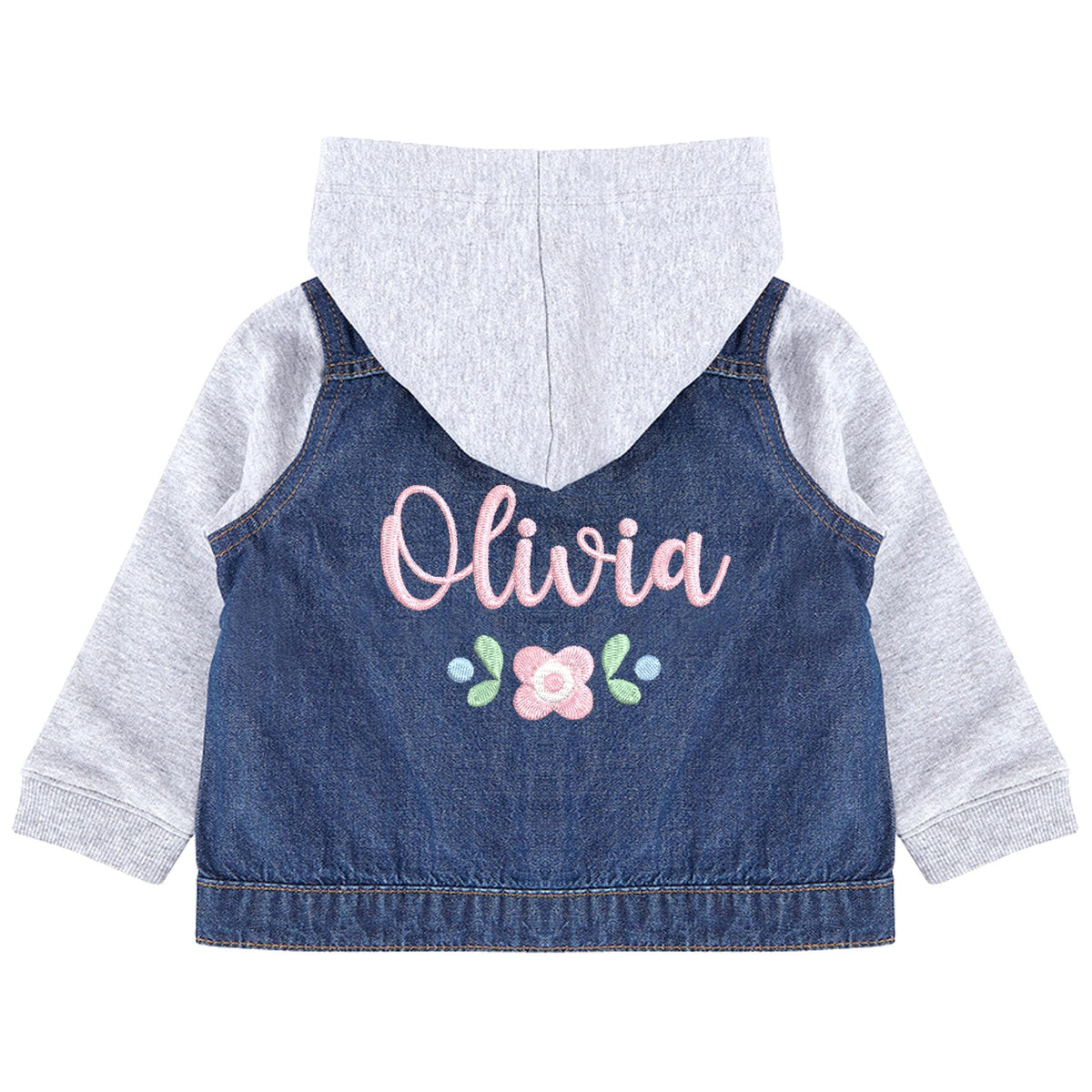 Embroidered Personalised Name Toddler & Kids Denim Jacket Girls Pink Flowers