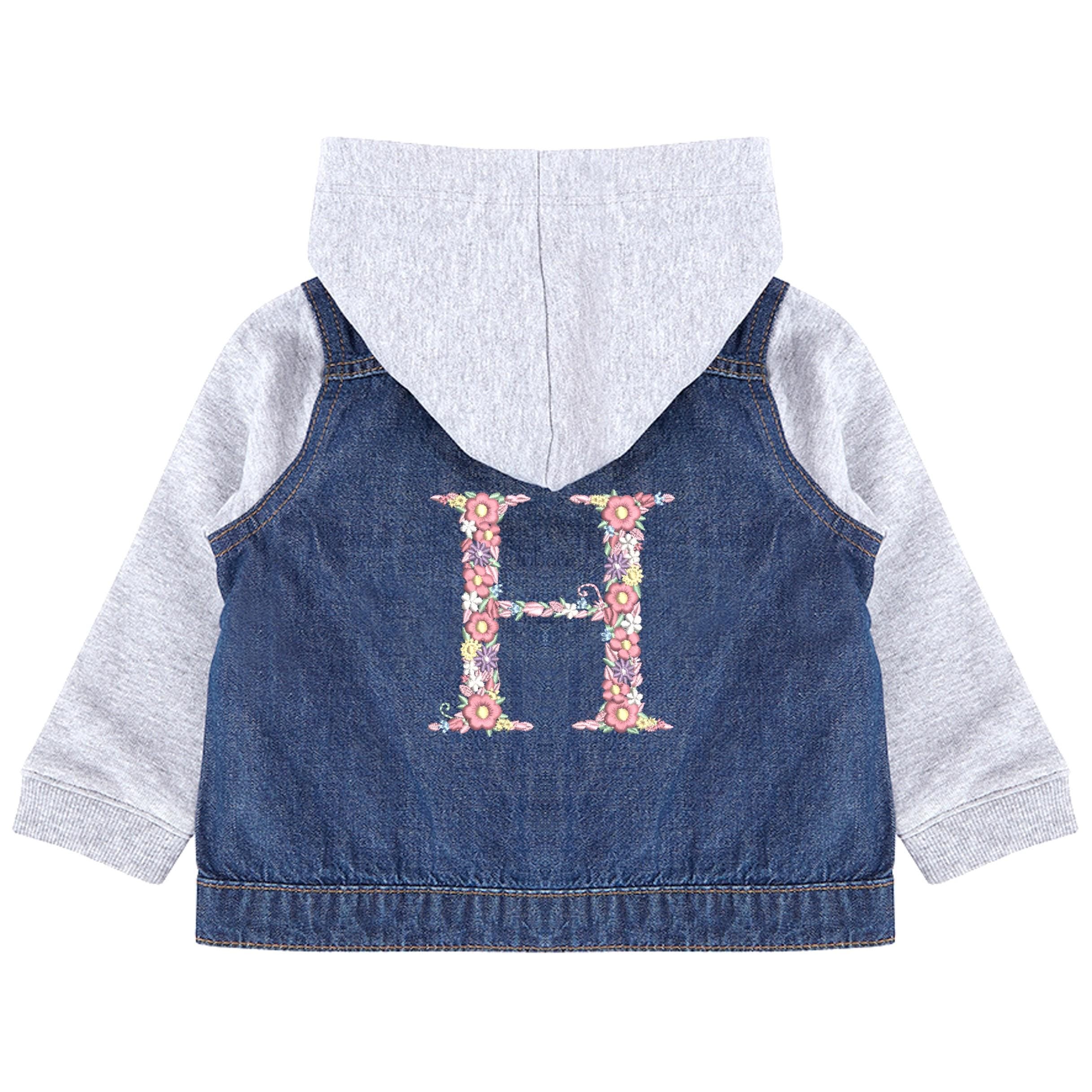 Embroidered Personalised Pink Floral Initial Girls Toddler & Kids Denim Jacket