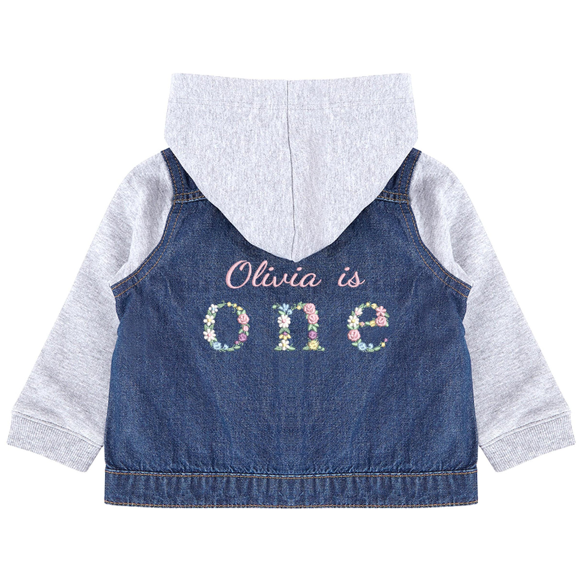 Embroidered Personalised Name Age Toddler & Kids Denim Jacket Floral 1st Birthday