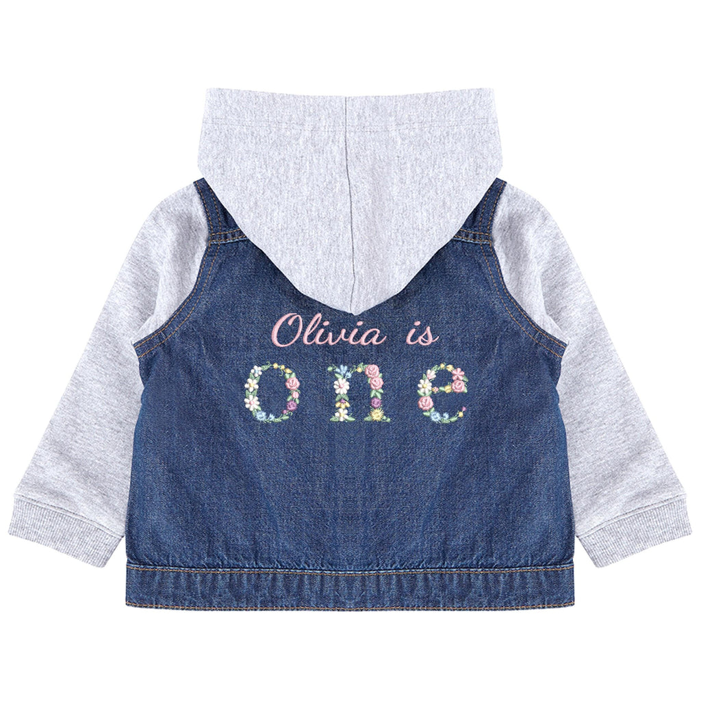 Embroidered Personalised Name Age Toddler & Kids Denim Jacket Floral 1st Birthday
