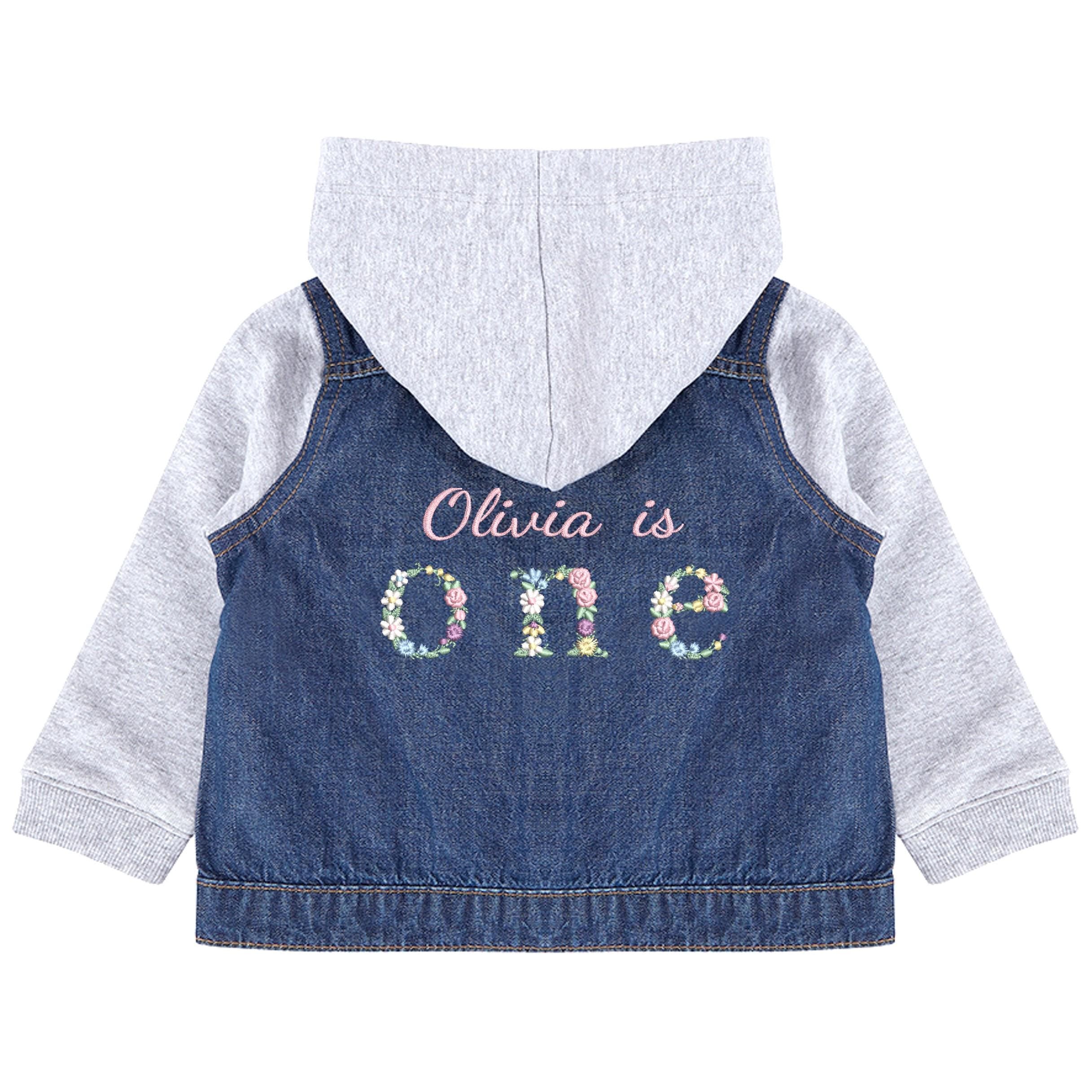 Embroidered Personalised Name Age Toddler & Kids Denim Jacket Floral 1st Birthday