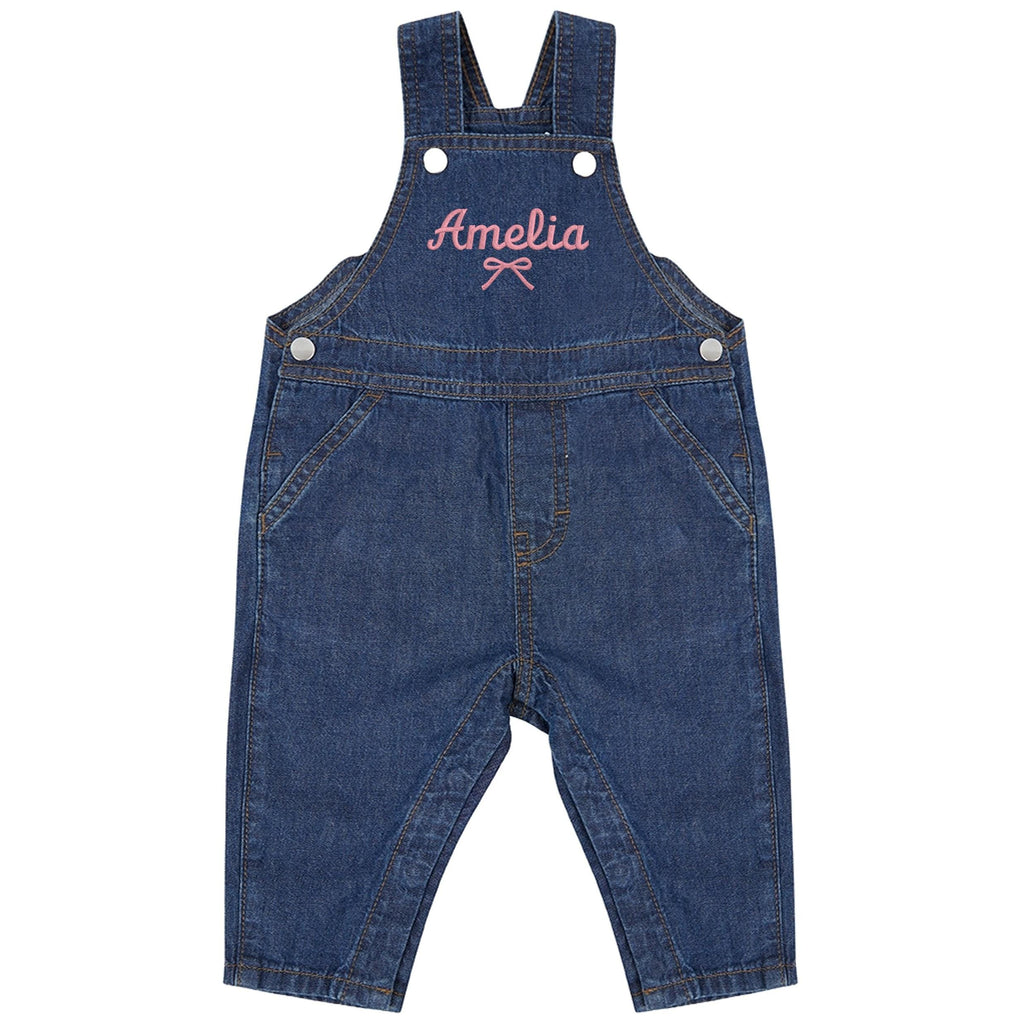 Embroidered Girls Personalised Pink Bow Name Baby & Toddler Cotton Denim Dungarees Custom Text Gift