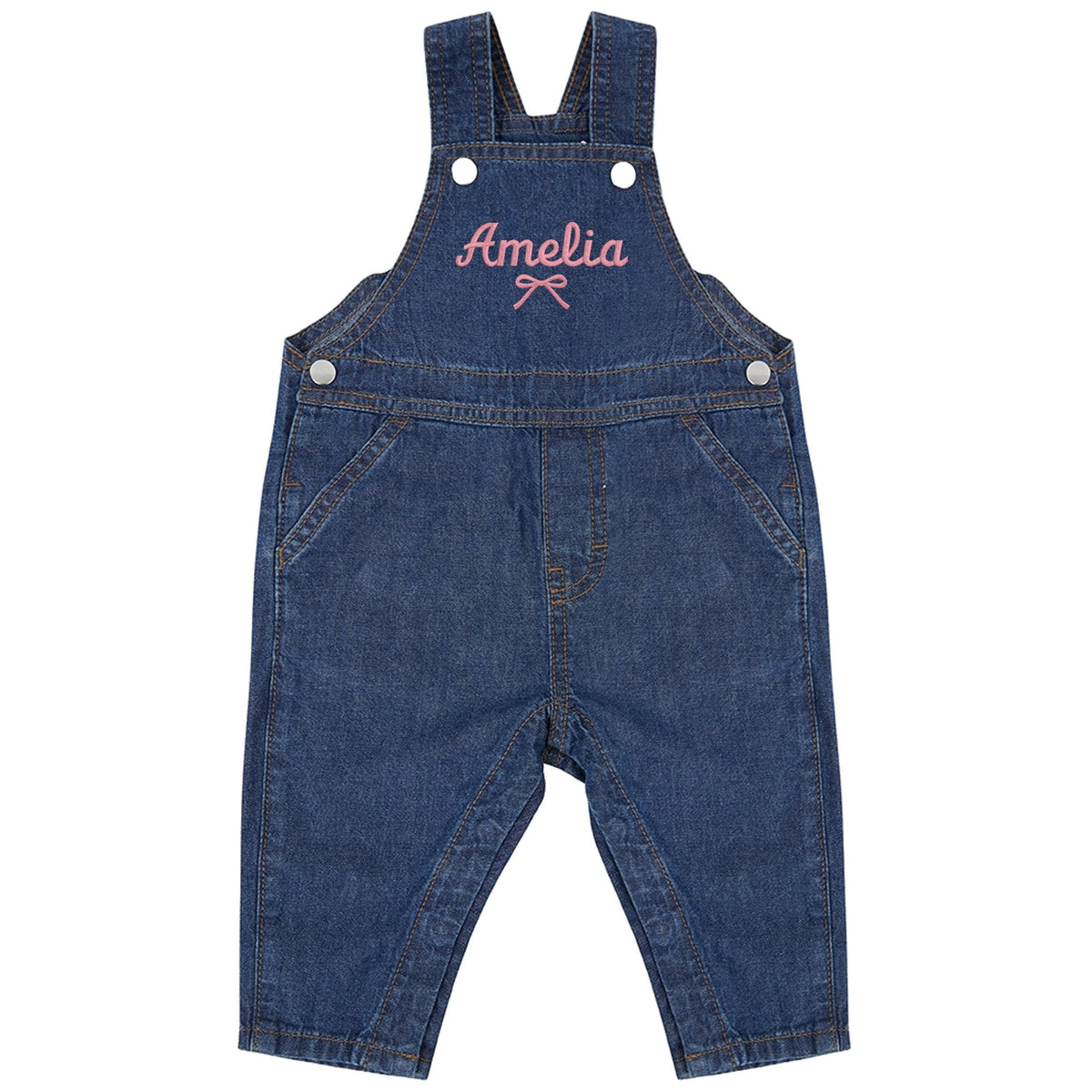 Embroidered Girls Personalised Pink Bow Name Baby & Toddler Cotton Denim Dungarees Custom Text Gift