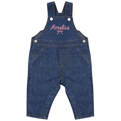 Embroidered Girls Personalised Pink Bow Name Baby & Toddler Cotton Denim Dungarees Custom Text Gift