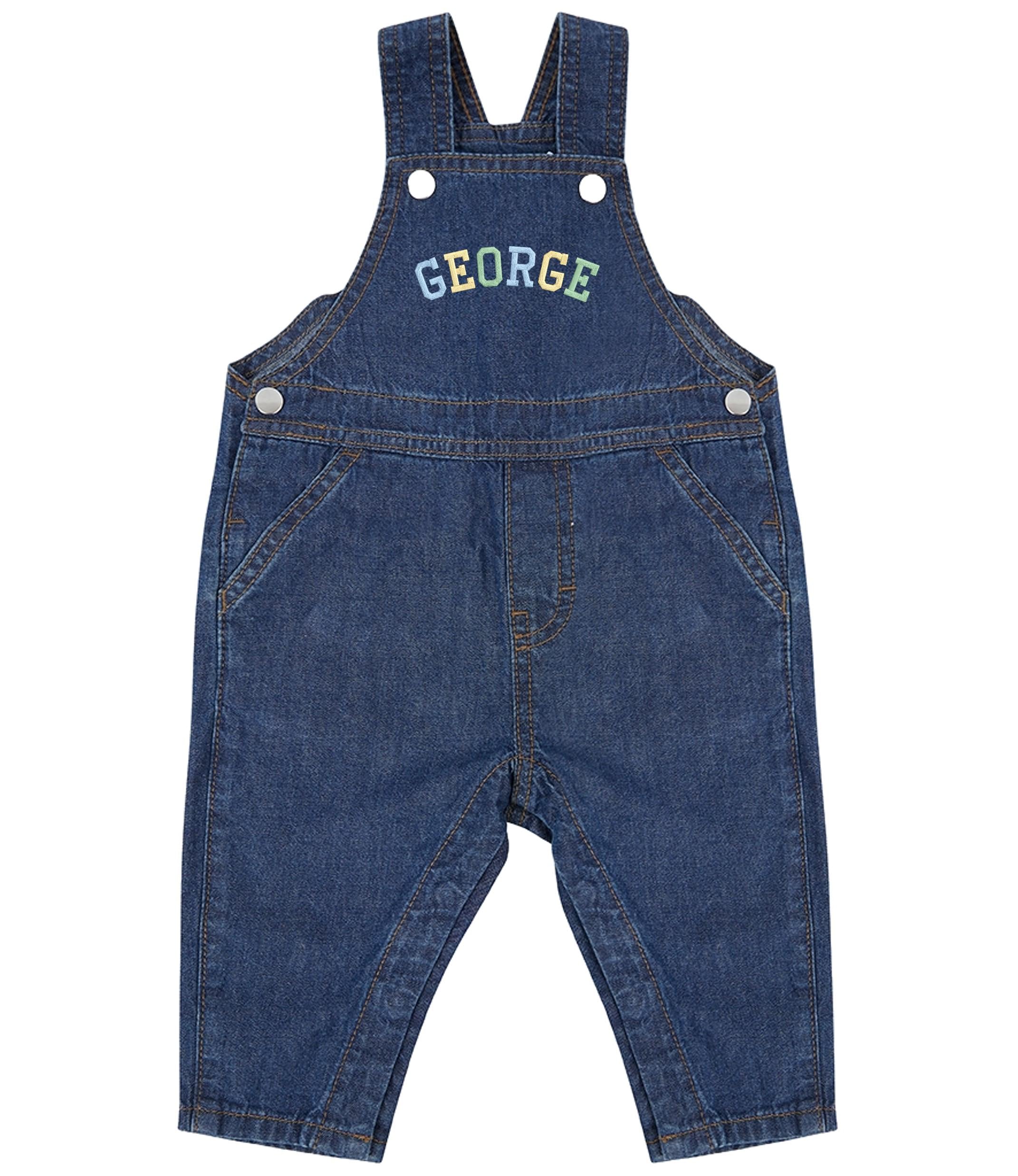 Embroidered Personalised Name Baby Toddler Denim Dungarees Rainbow Varsity Text