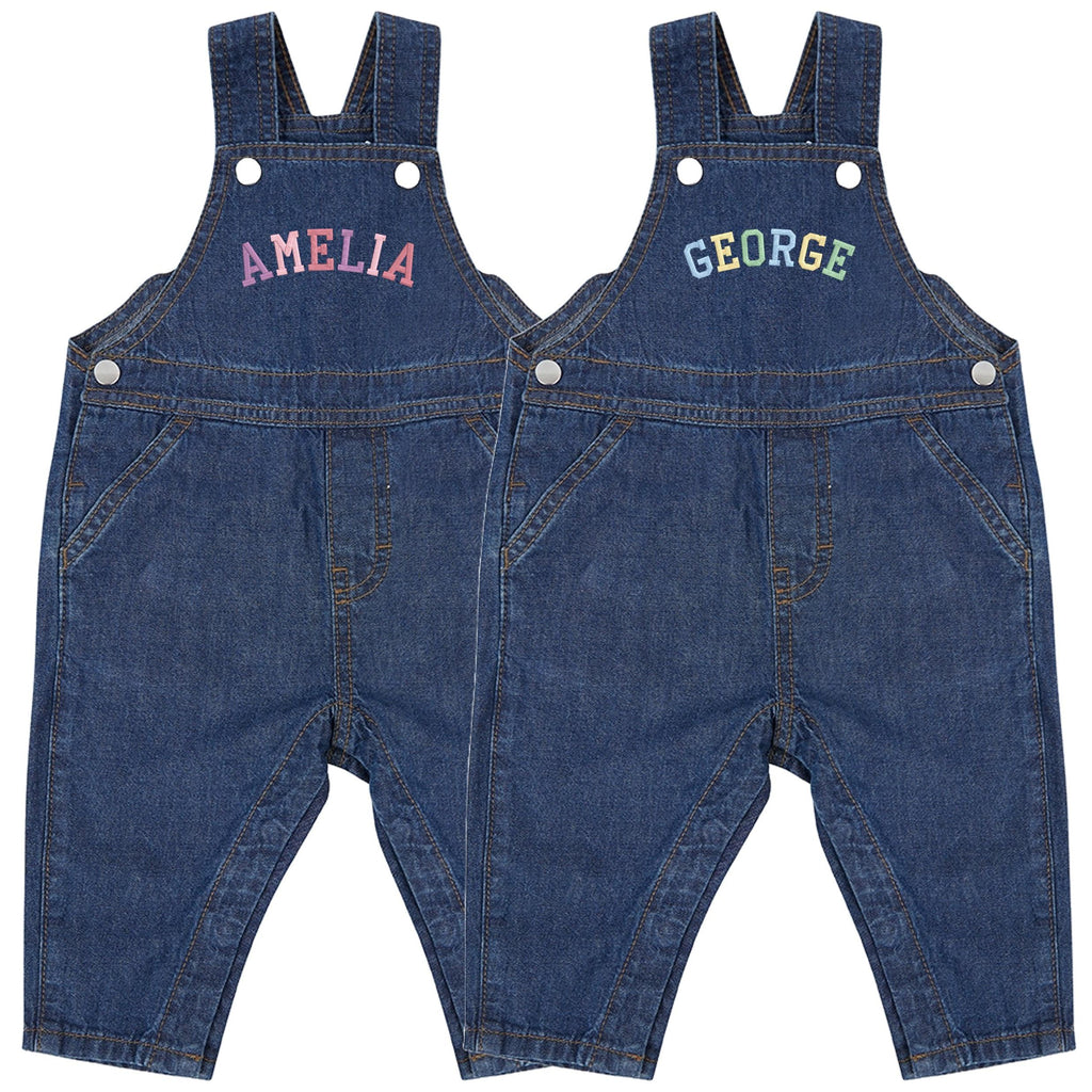 Embroidered Personalised Name Baby Toddler Denim Dungarees Rainbow Varsity Text