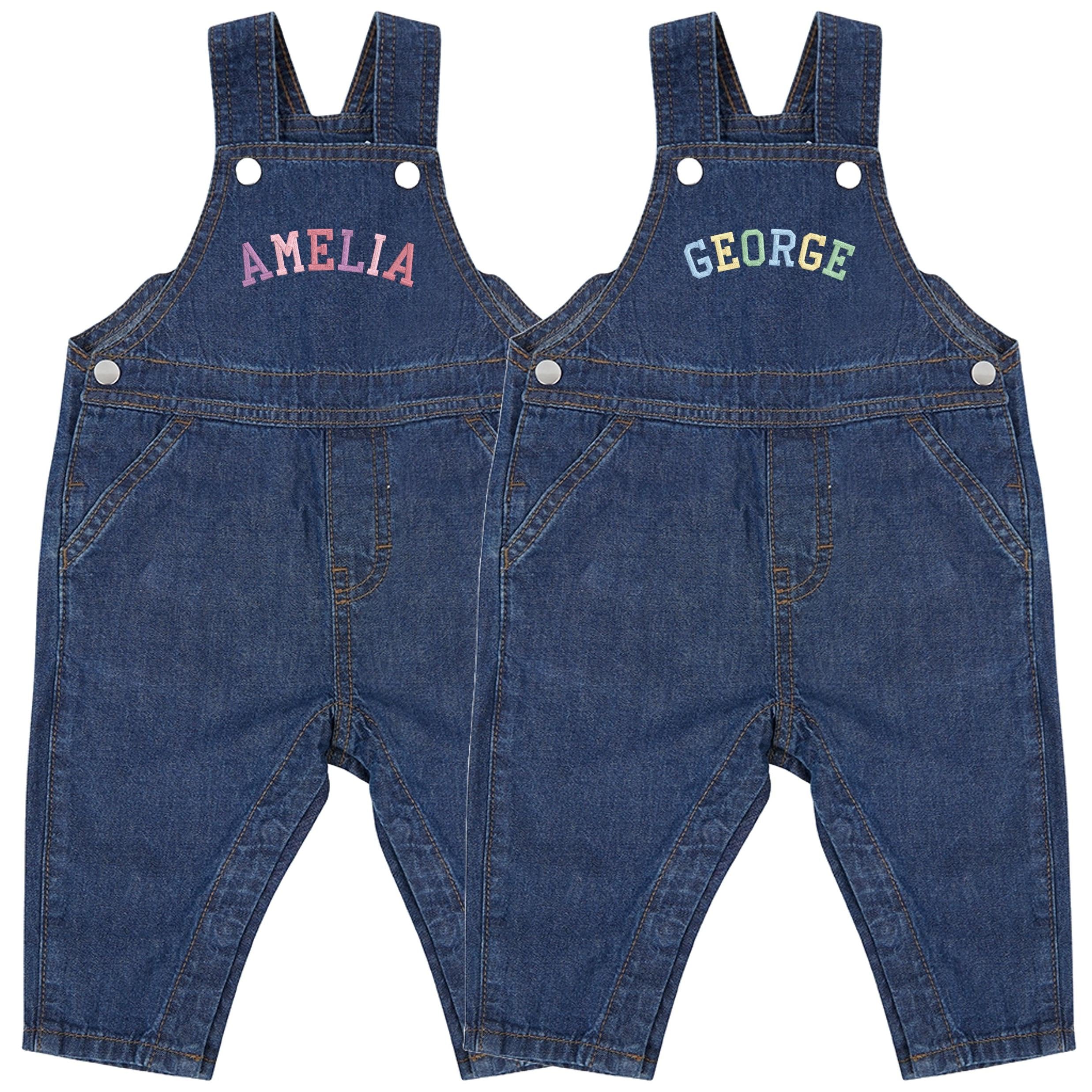 Embroidered Personalised Name Baby Toddler Denim Dungarees Rainbow Varsity Text