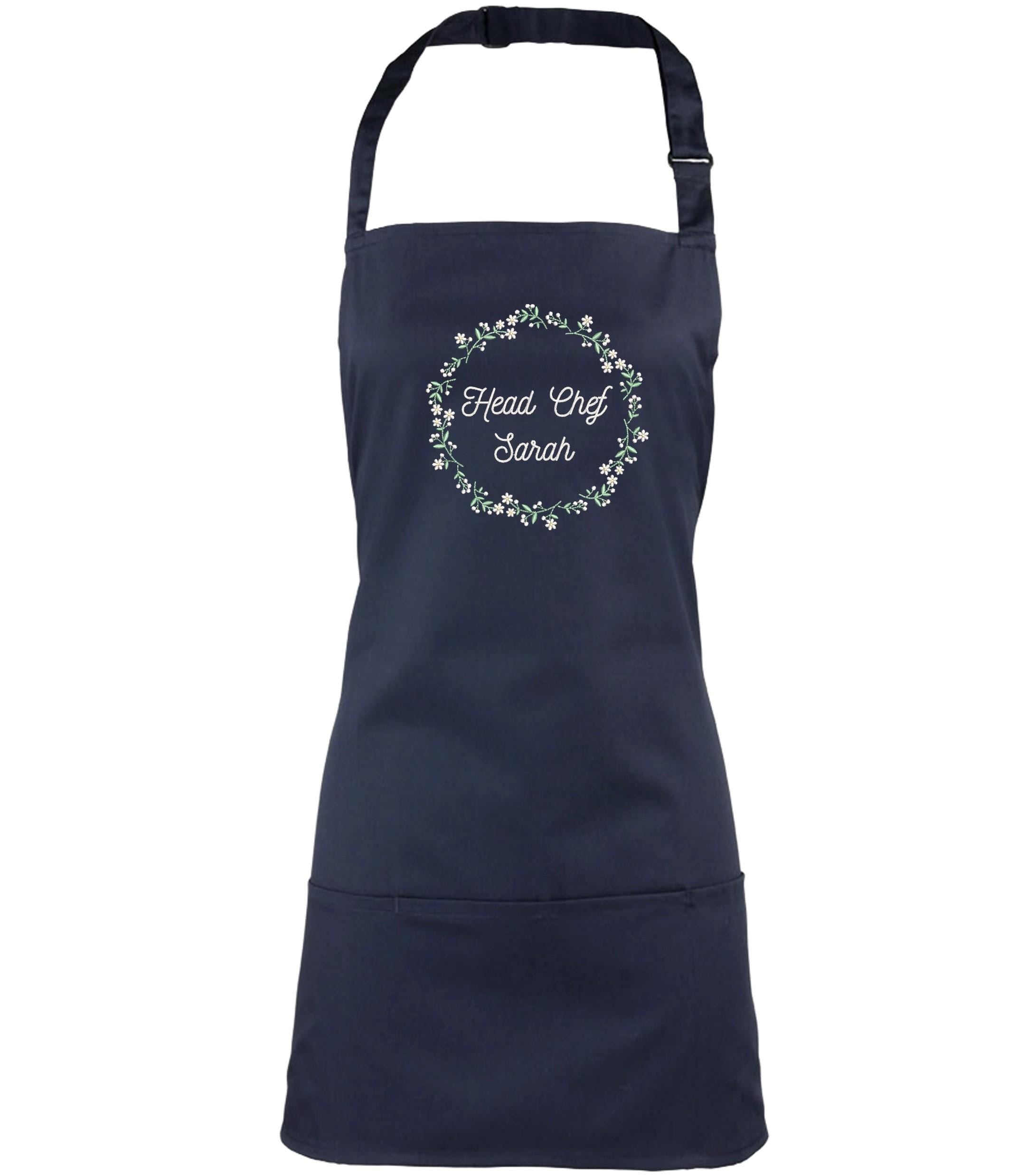 Embroidered Personalised Name Floral Wreath 2 in 1 Short Apron Custom Text Kitchen Baking Gift