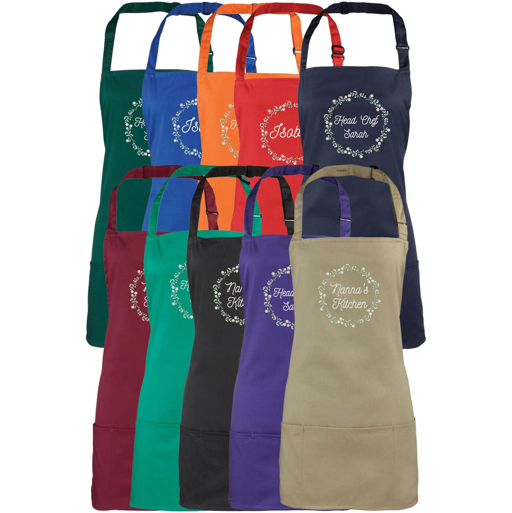 Embroidered Personalised Name Floral Wreath 2 in 1 Short Apron Custom Text Kitchen Baking Gift