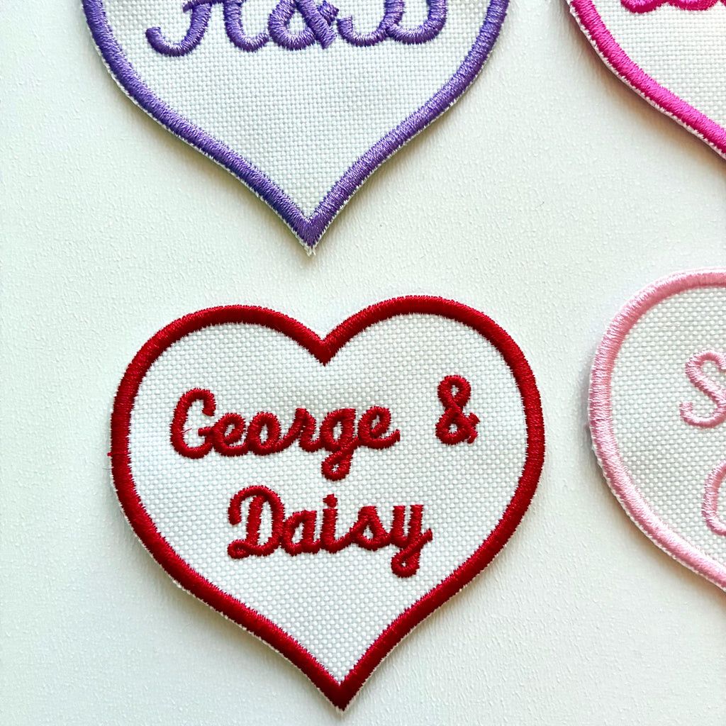 Personalised Embroidered Name Heart Patch Iron On & Sew On Custom Text Badge