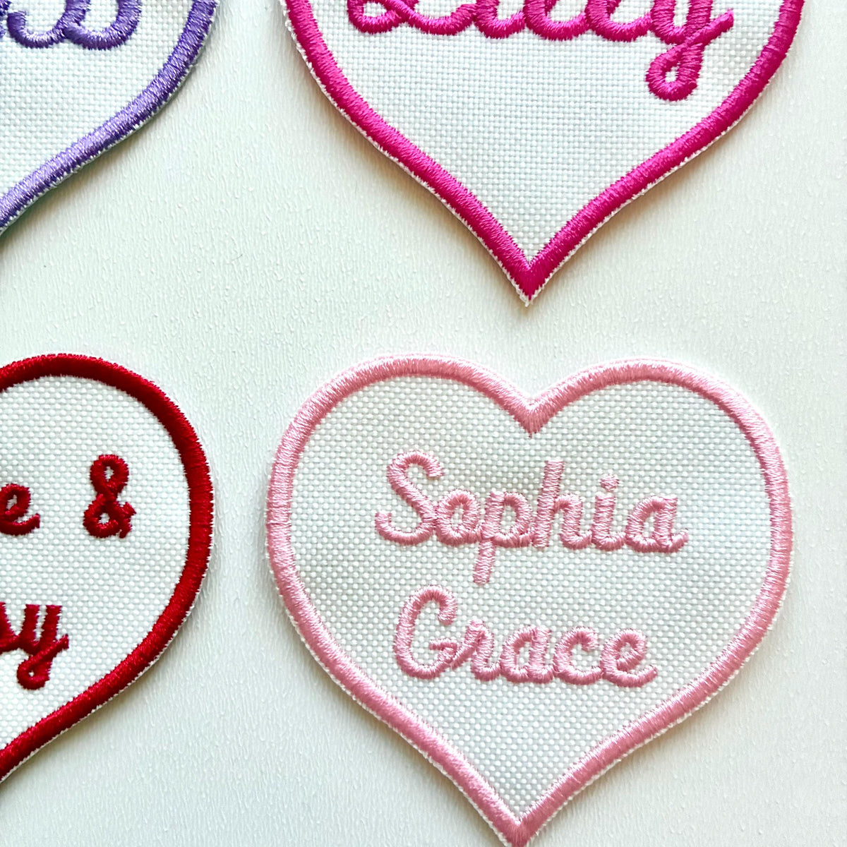 Personalised Embroidered Name Heart Patch Iron On & Sew On Custom Text Badge