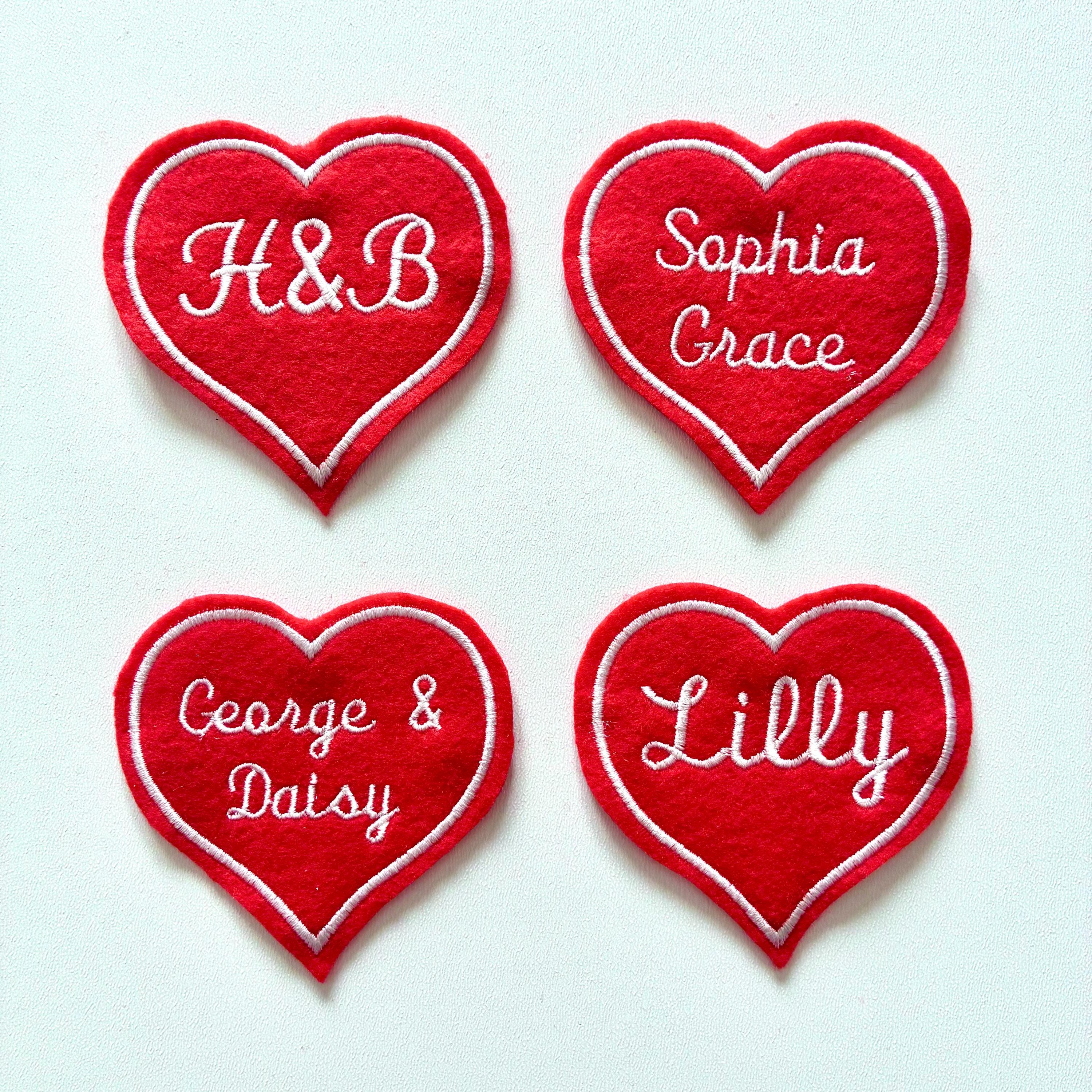 Personalised Embroidered Red Love Heart Patch Iron On & Sew On Custom Name Text