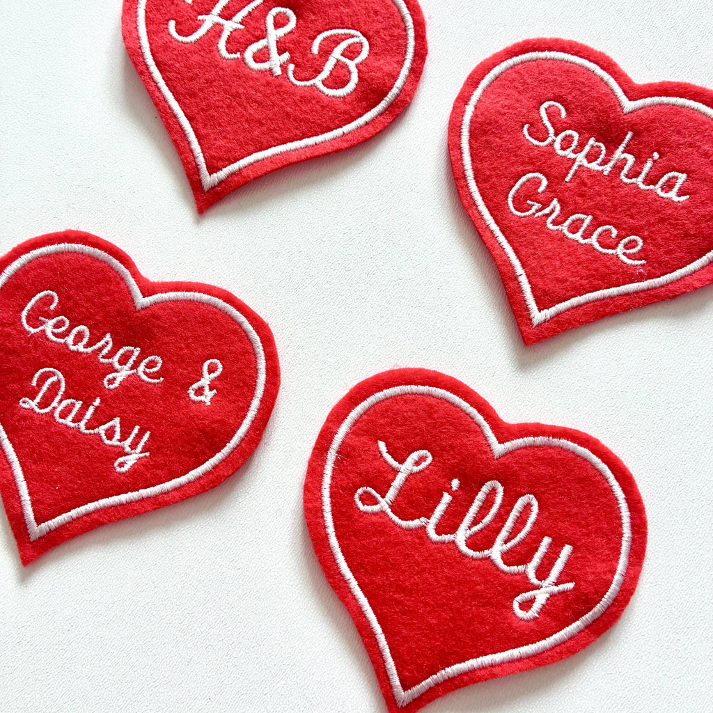 Personalised Embroidered Red Love Heart Patch Iron On & Sew On Custom Name Text