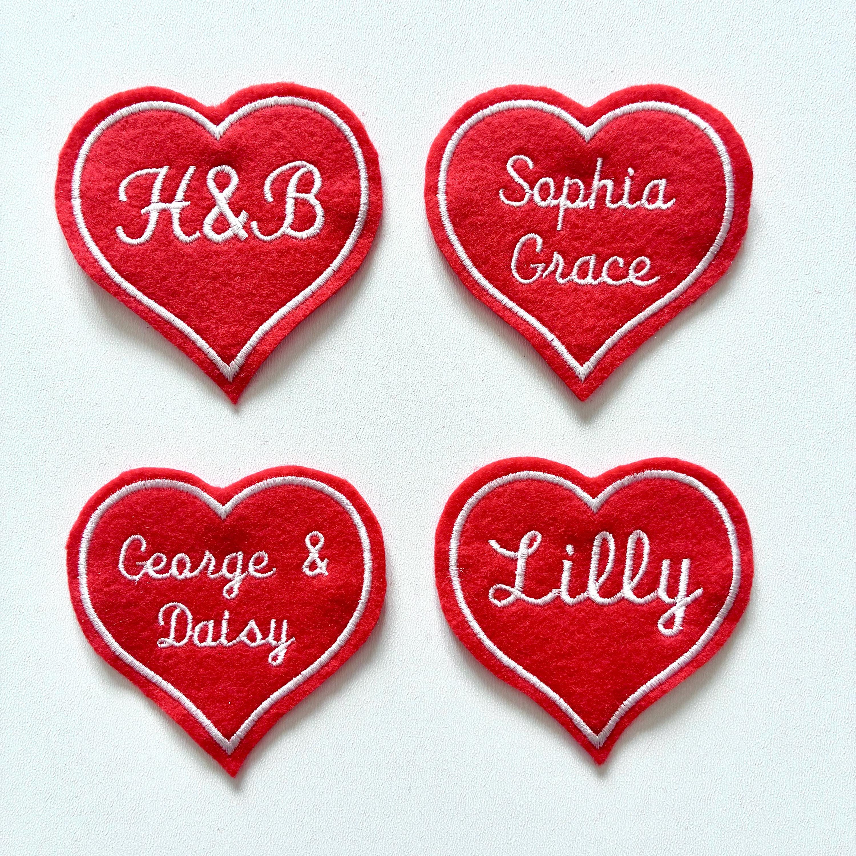 Personalised Embroidered Red Love Heart Patch Iron On & Sew On Custom Name Text