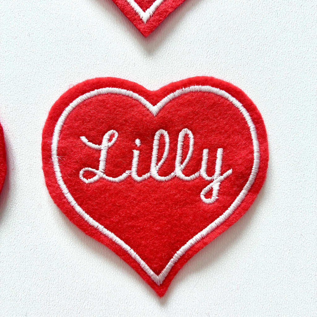 Personalised Embroidered Red Love Heart Patch Iron On & Sew On Custom Name Text