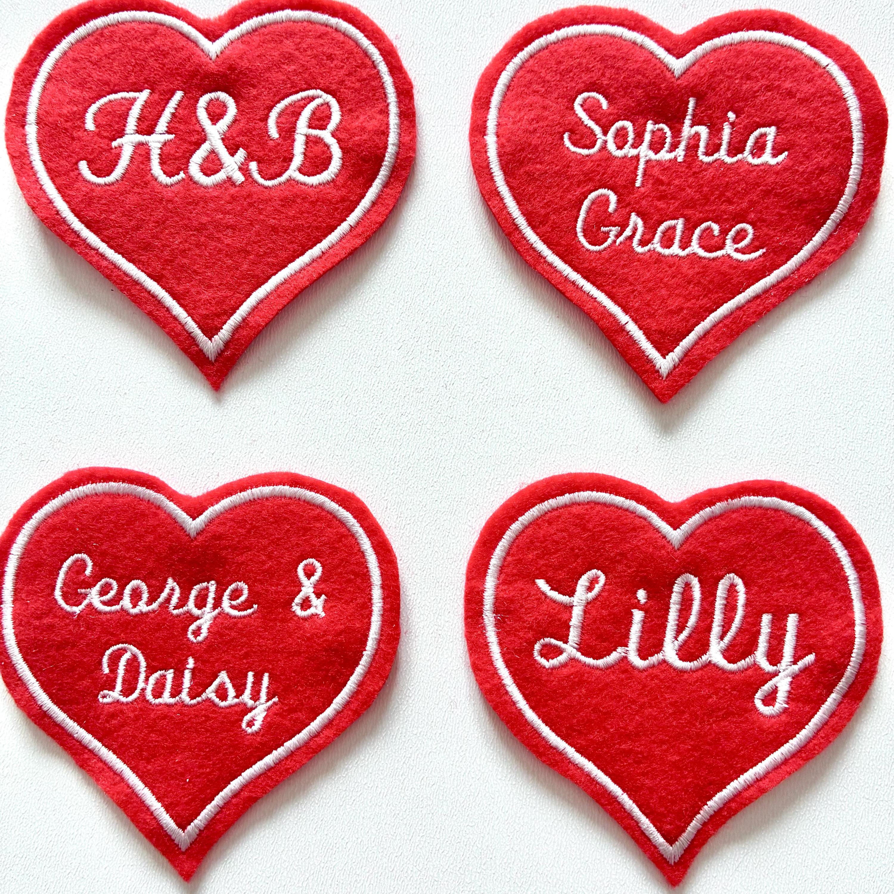 Personalised Embroidered Red Love Heart Patch Iron On & Sew On Custom Name Text