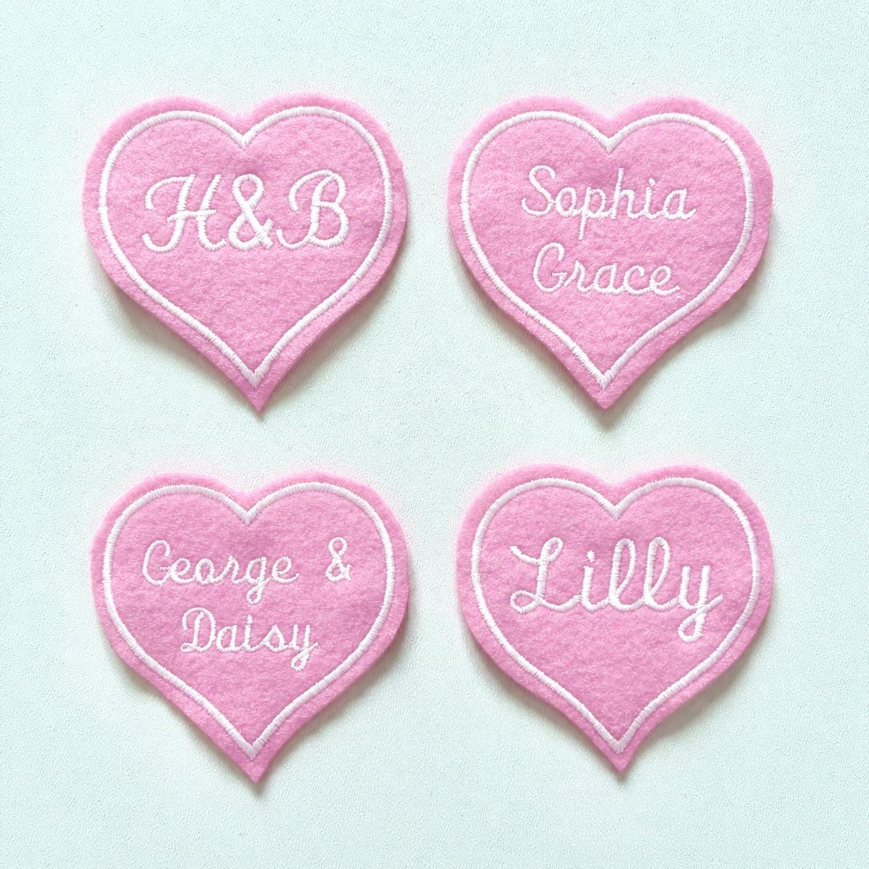 Personalised Embroidered Pink Love Heart Patch Iron On & Sew On Custom Name Text