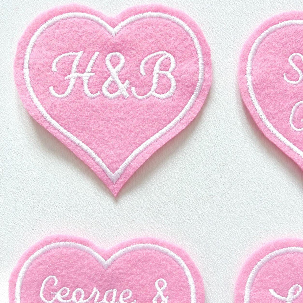 Personalised Embroidered Pink Love Heart Patch Iron On & Sew On Custom Name Text