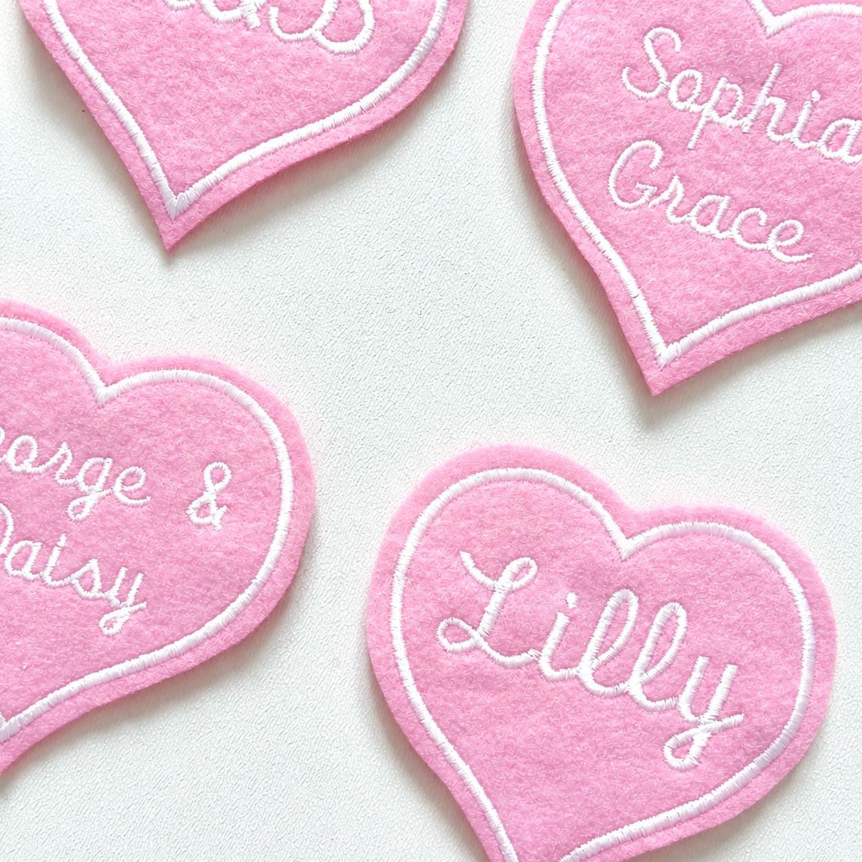 Personalised Embroidered Pink Love Heart Patch Iron On & Sew On Custom Name Text