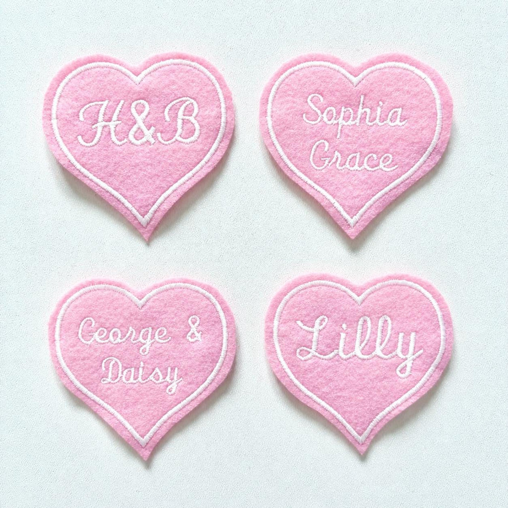 Personalised Embroidered Pink Love Heart Patch Iron On & Sew On Custom Name Text